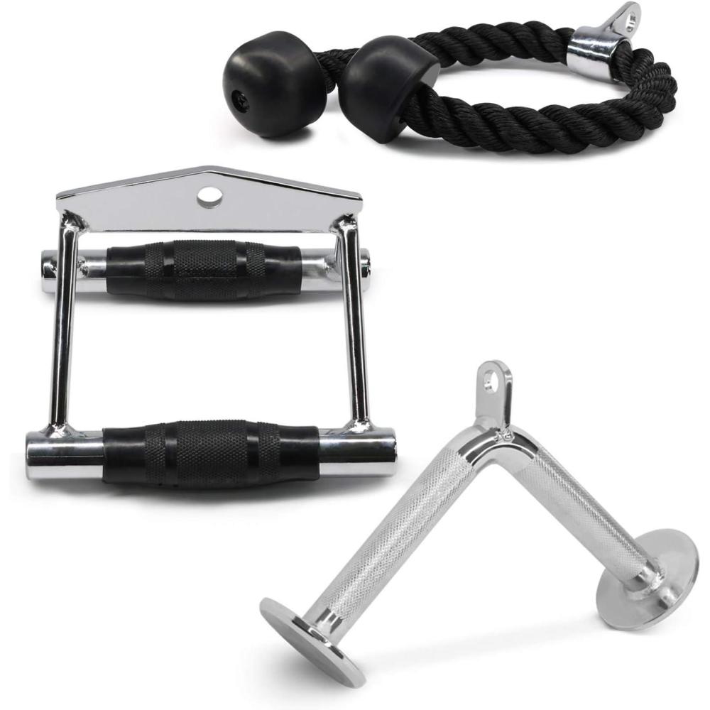 Yes4All Cable Machine Attachment, Row Handles, Tricep Rope, Straight Bar, V Bar, LAT Pulldown Accessories Load 880 LB for Home Gym(H. Double D Handle + TricepRope + Vshaped bar)