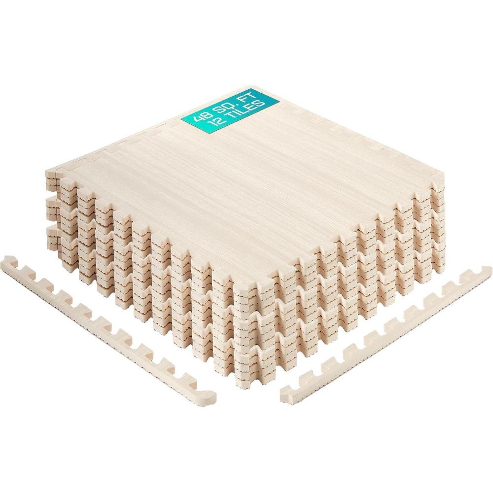 Yes4All EVA Interlocking Mats, Puzzle Floor Tiles, Foam Floor Padding with Border for Furniture, Home Space, Living Room, Garage(I. 48 Square Feet (12 Tiles) – Light Walnut Wood)