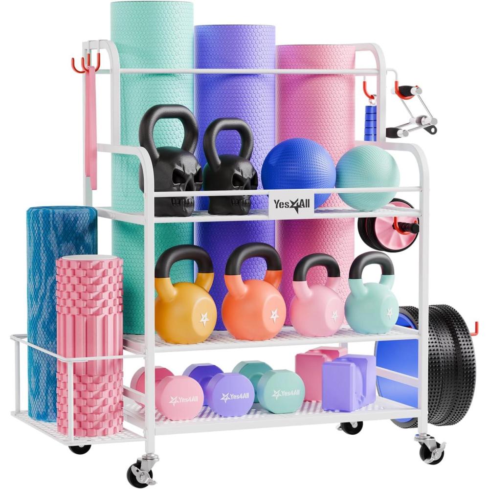 Yes4All Dumbbell Rack, Weight Rack for Home Gym, Sports Equipment Organizer for Dumbbells Kettlebells Yoga Mat Foam Roller and Balls, All in One Gym Workout Storage with Wheels and Hooks(White)