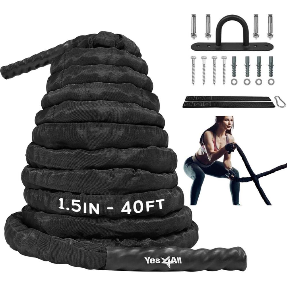 Yes4All Battle Ropes, Workout Rope with Cover, Steel Anchor & Strap Included, Heavy Ropes for Exercise Training – 1.5/2 Inch Diameter, 30, 40, 50 Ft Length(Grey – 1.5in – 40ft)