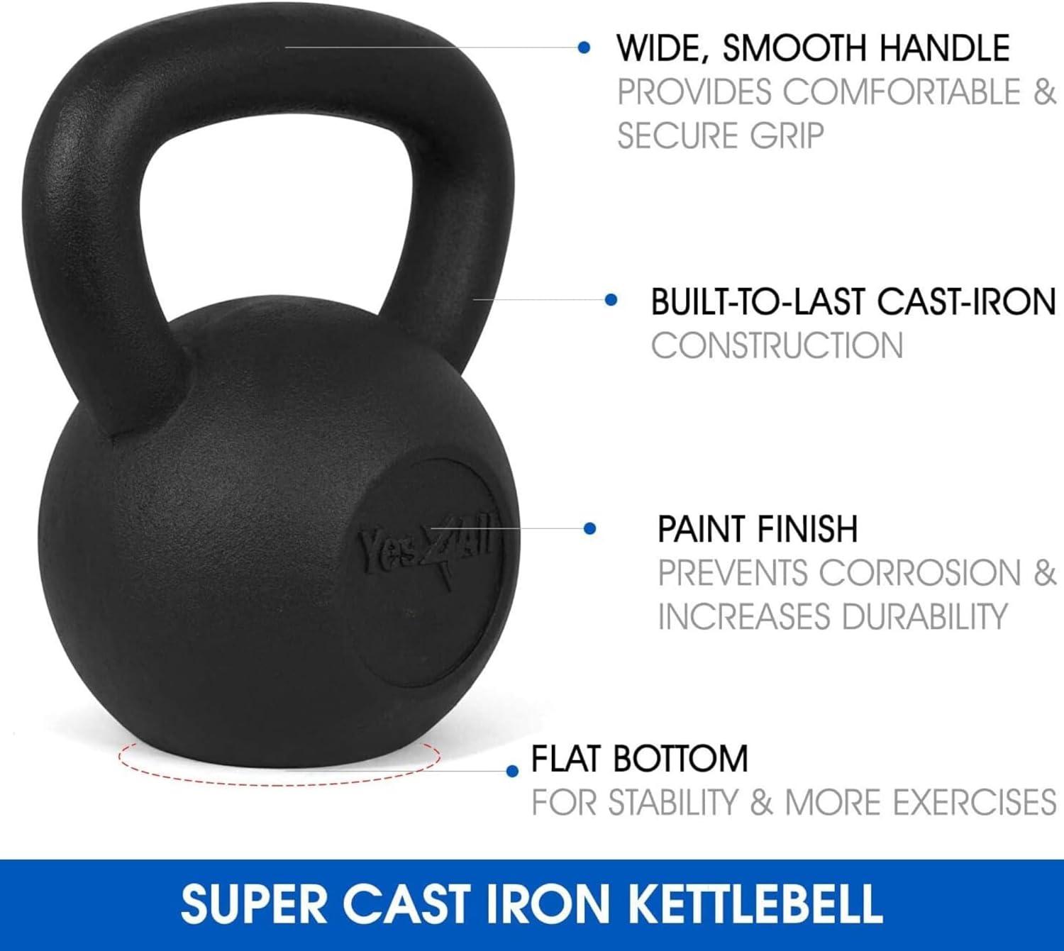 Yes4All Cast Iron Kettlebell, Strength Training Kettlebells 5-80 Lb (5,10,15,20,25,30,35,40,45,50,60,70,80 Lb) for Full Body Workout, Push up, Strength Training – Single & Kettlebell Set of 2 for Men(C.Black 15lbs)