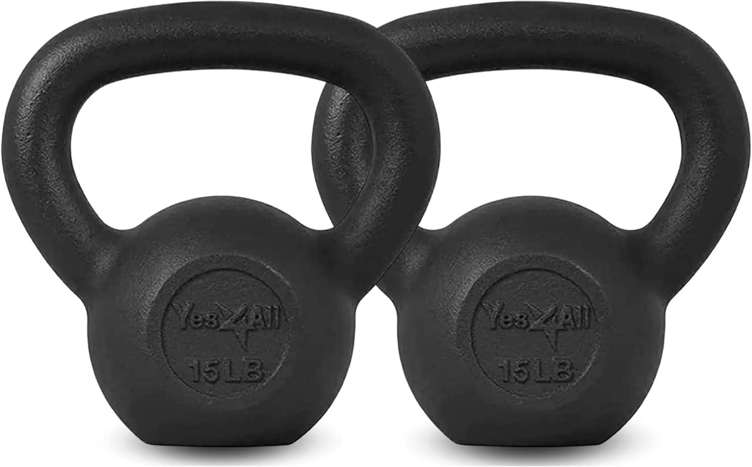 Yes4All Cast Iron Kettlebell, Strength Training Kettlebells 5-80 Lb (5,10,15,20,25,30,35,40,45,50,60,70,80 Lb) for Full Body Workout, Push up, Strength Training – Single & Kettlebell Set of 2 for Men(C.Black 15lbs)