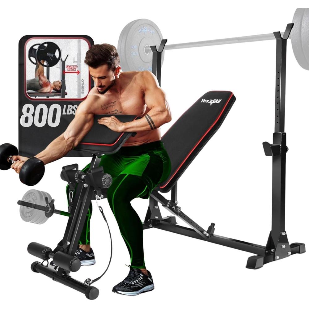 Yes4All Adjustable Weight Bench with Rack, 800lbs Workout Bench Press with Leg Extension, Preacher Curl Pad & Resistance Bands for Home Gym(A. Adjustable Weight Bench with Rack)