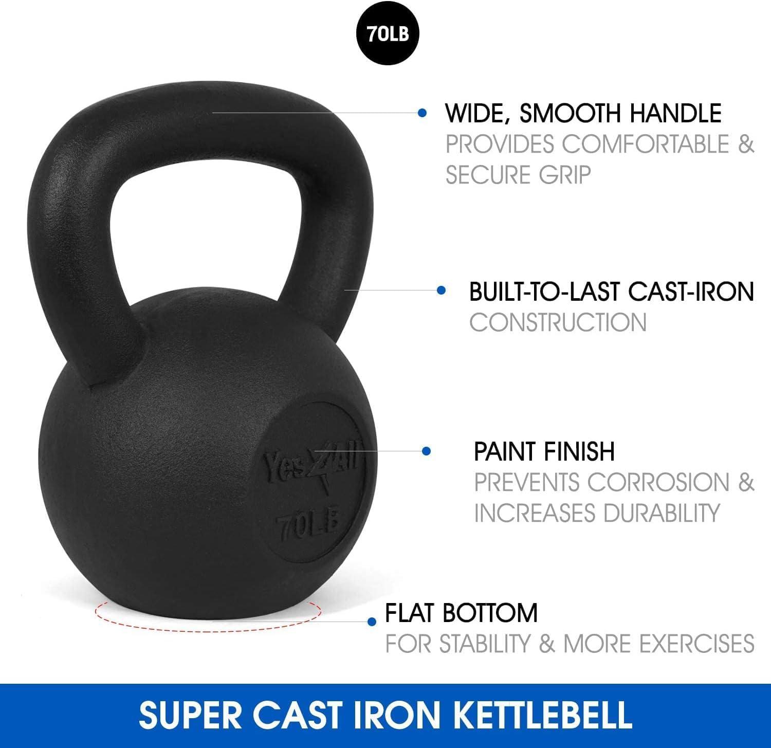 Yes4All 70 lbs Kettlebell Heavy Cast Iron Solid Smooth Handle Weights for Women/Men, Strength Training Equipment