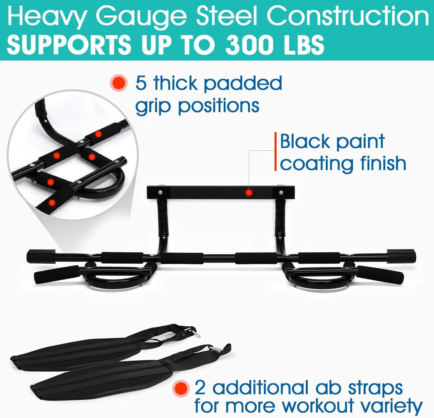 Yes4All Heavy Duty Wall Mounted Pull Up Bar, Over Door Pull Up Bar for Doorway, Multi Grip Chin Up Bar, Sturdy Strength Training Bars & Durable Gym Bar for Home Exercise(Combo Chin Up Bar + Ab Straps)