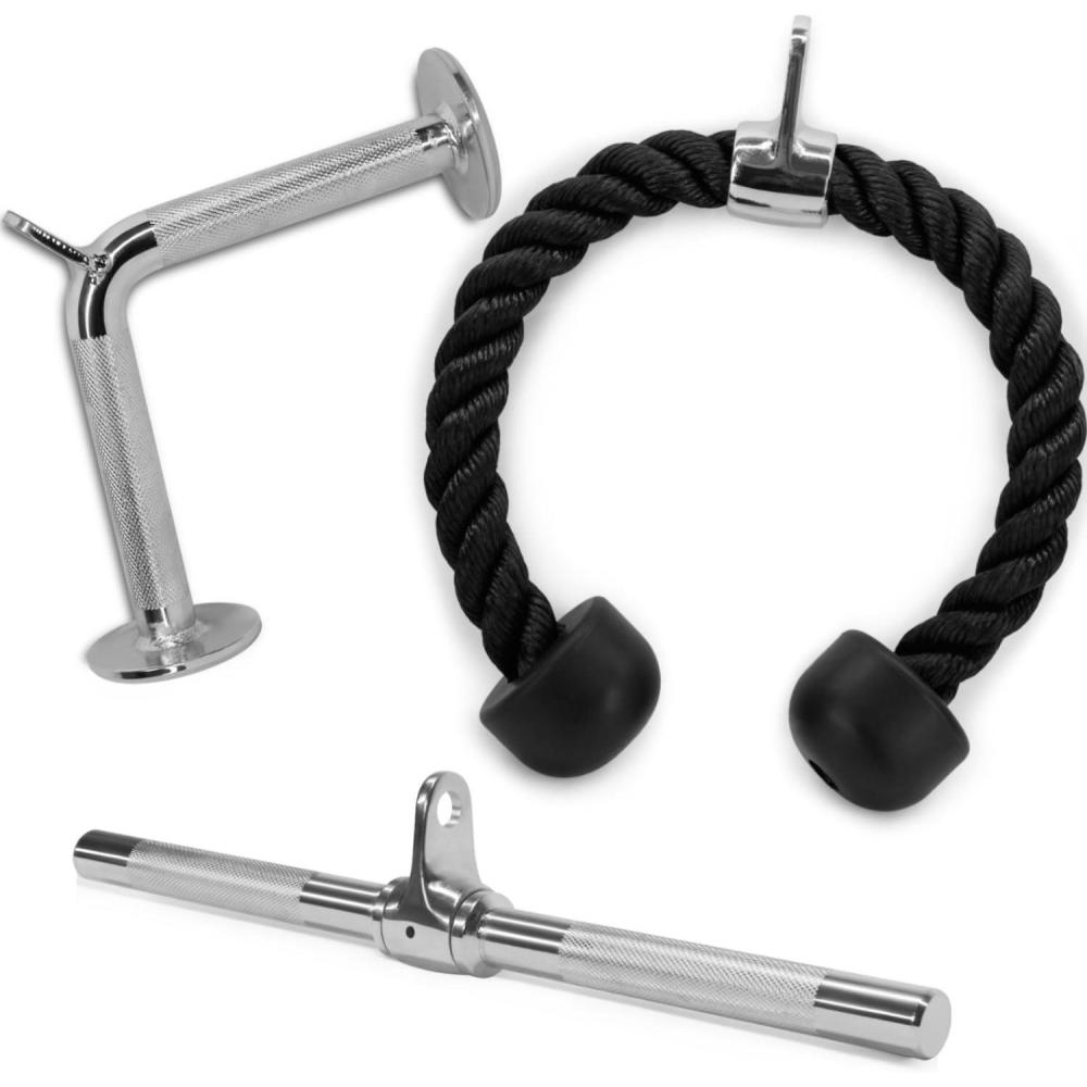 Yes4All Cable Machine Attachment, Row Handles, Tricep Rope, Straight Bar, V Bar, LAT Pulldown Accessories Load 880 LB for Home Gym(A. Tricep Rope + Straight Bar + V Bar)