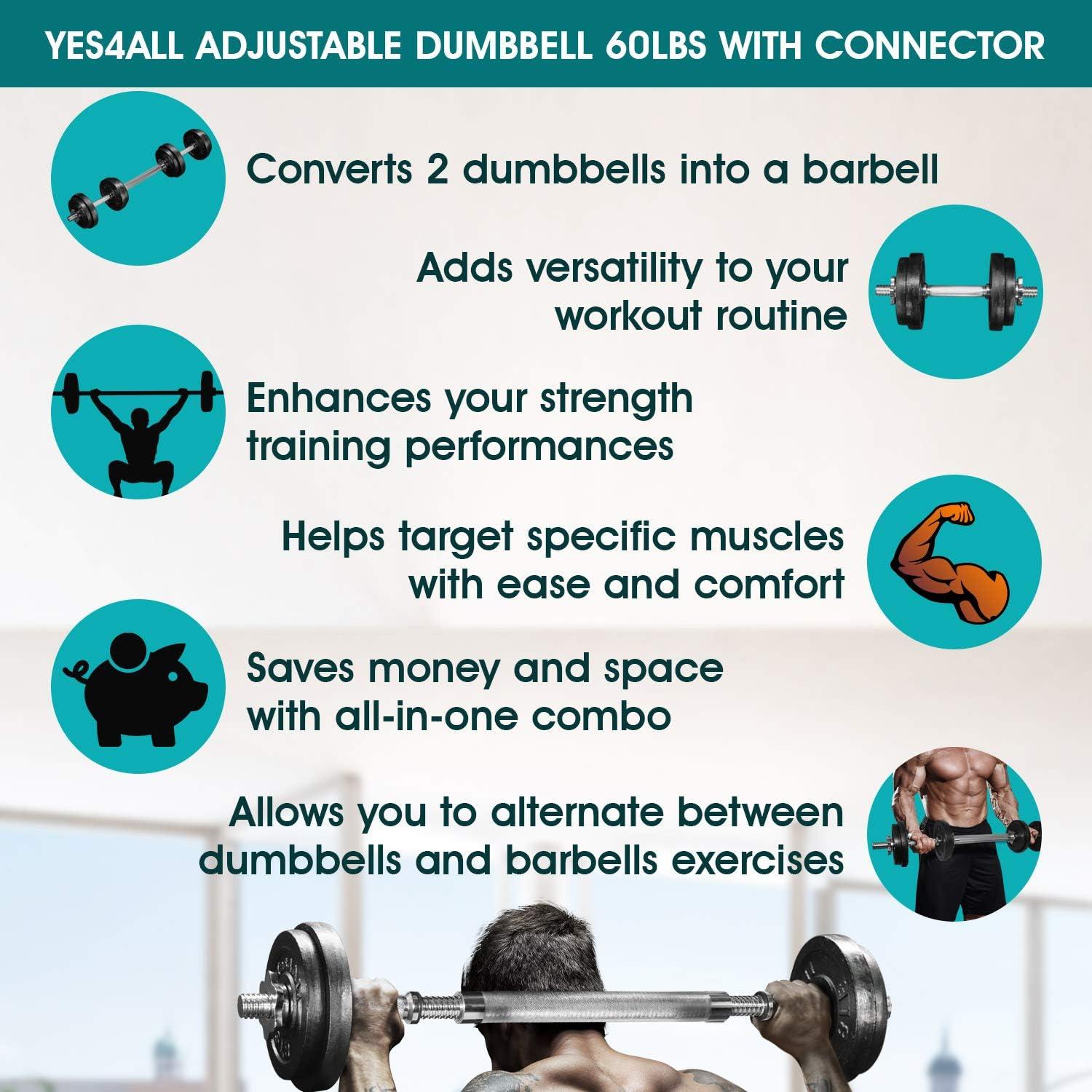 Yes4All Adjustable Weights Dumbbells Set – Exercise & Workout Equipment for Home Gym, Size Options Available 50lb, 60lb(F. Barbell 60LB or 30LB Dumbbell Pair)