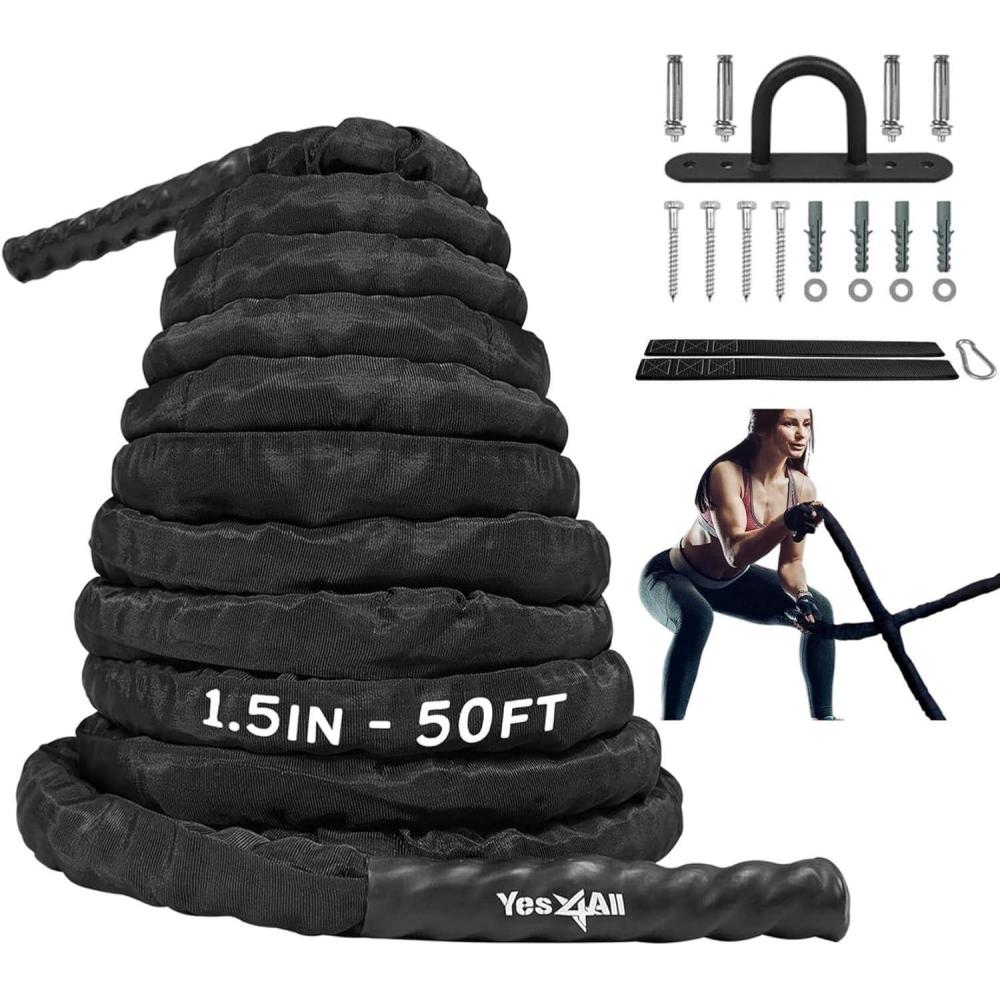 Yes4All Battle Ropes, Workout Rope with Cover, Steel Anchor & Strap Included, Heavy Ropes for Exercise Training – 1.5/2 Inch Diameter, 30, 40, 50 Ft Length(1.5in – 50ft)