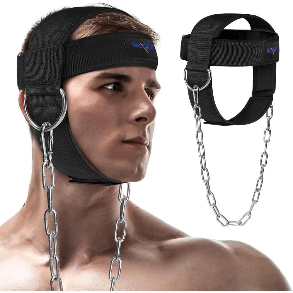 Yes4All Adjustable Neck Harness for Weight Training – Wide Padded Strap Support for Strengthening & Resistance Training, Weight Lifting Head Harness Black(A. Black)