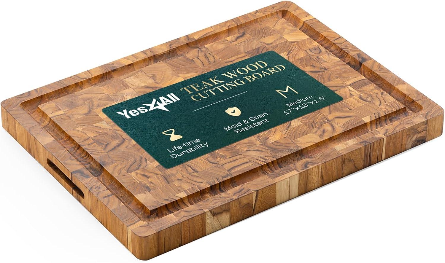 Yes4All Durable Teak Cutting Boards for Kitchen,[16.5L x 13W x 1.5Thick] Medium Edge Grain Cutting Board, Pre Oiled Wood Cutting Boards, Thick Chopping Board w/Juice Grooves and Easy Grip Handle(Teak)