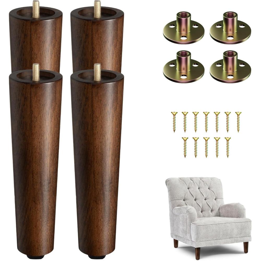 Yes4All 4.5 Inches Square Wood Furniture Legs Set of 4 – Wooden Replacement Feet for Couch, Bed, Bench – Adjustable Sofa, Ottomans Tapered Leg with Leveler – Nature Rubber Wood Parts for Table, Chair(Round Brown)