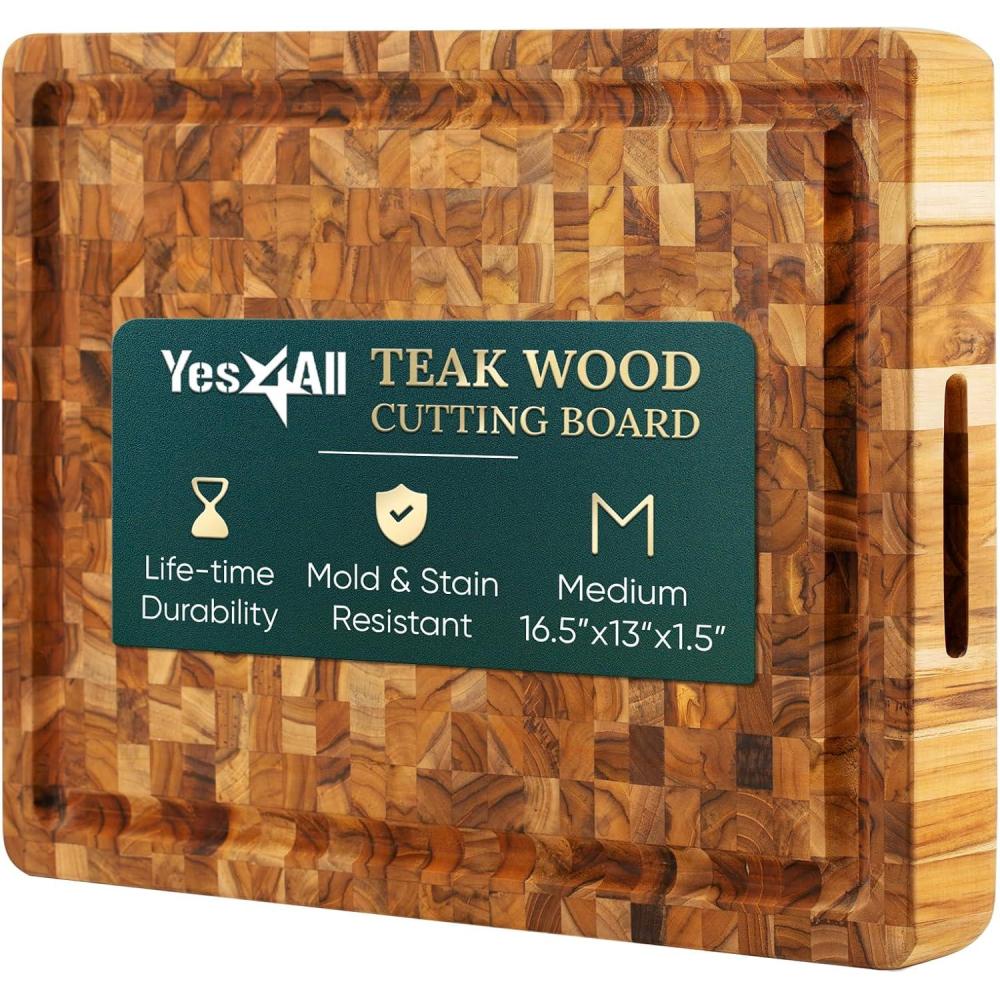 Yes4All Durable Teak Cutting Boards for Kitchen, [17L x 13W x 1.5 Thick] Medium End Grain Cutting Board, Pre Oiled Wood Cutting Boards, Thick Chopping Board w/Juice Grooves and Easy Grip Handle