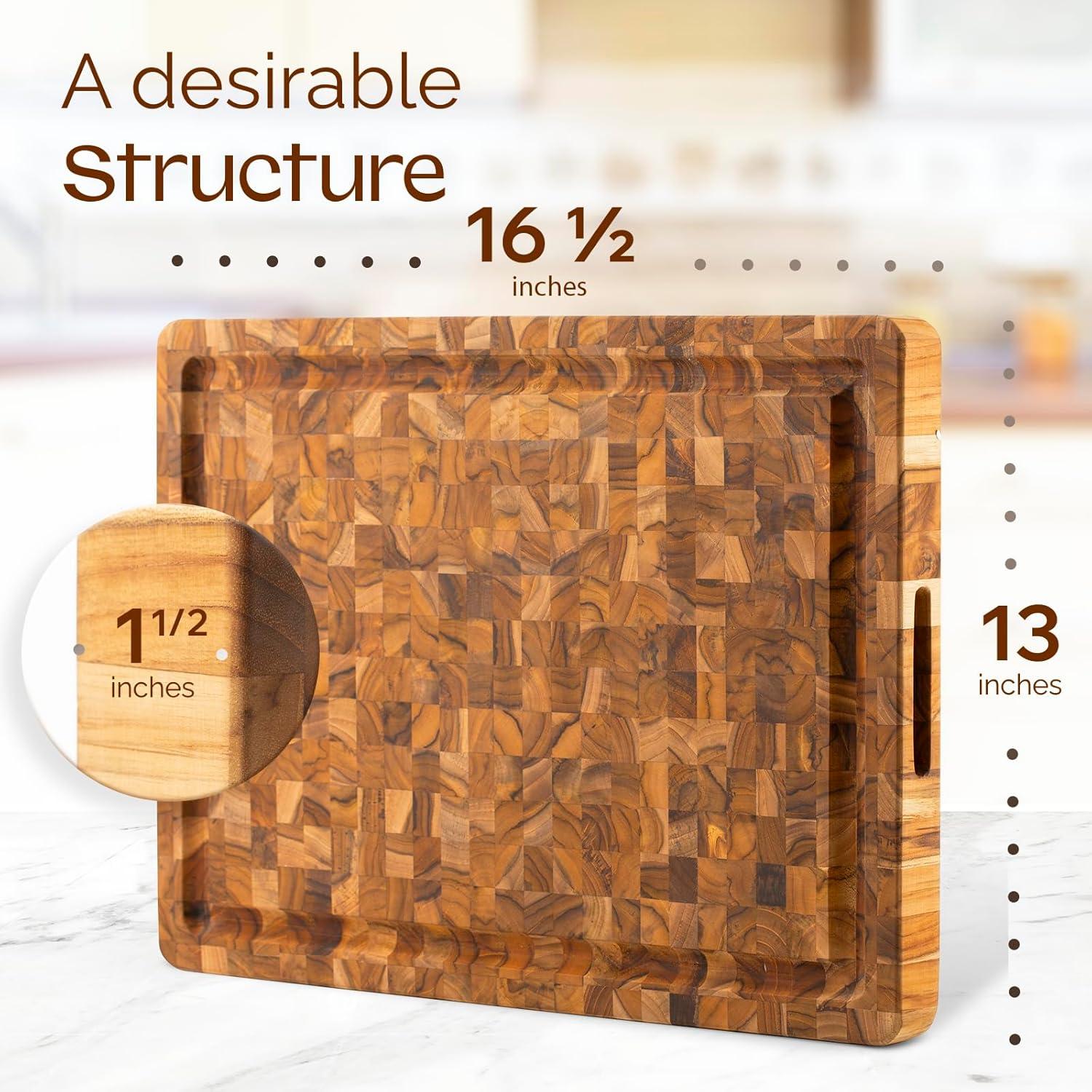 Yes4All Durable Teak Cutting Boards for Kitchen, [17L x 13W x 1.5 Thick] Medium End Grain Cutting Board, Pre Oiled Wood Cutting Boards, Thick Chopping Board w/Juice Grooves and Easy Grip Handle