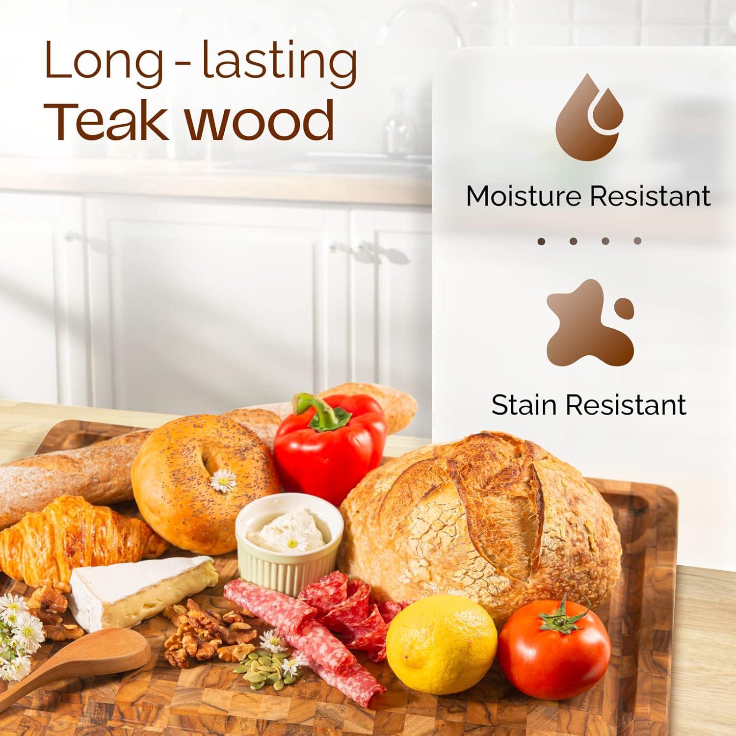 Yes4All Durable Teak Cutting Boards for Kitchen, [17L x 13W x 1.5 Thick] Medium End Grain Cutting Board, Pre Oiled Wood Cutting Boards, Thick Chopping Board w/Juice Grooves and Easy Grip Handle