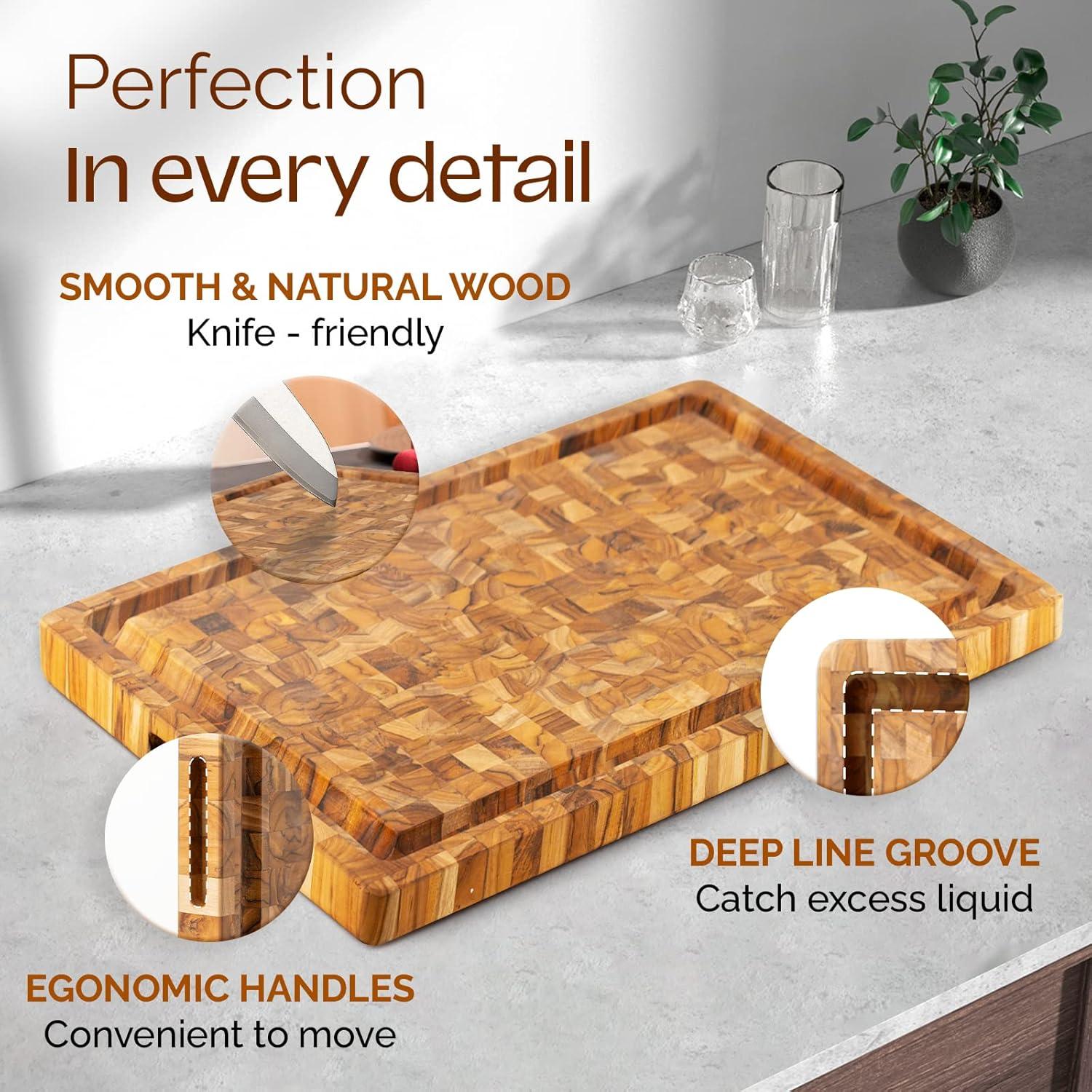 Yes4All Durable Teak Cutting Boards for Kitchen, [17L x 13W x 1.5 Thick] Medium End Grain Cutting Board, Pre Oiled Wood Cutting Boards, Thick Chopping Board w/Juice Grooves and Easy Grip Handle