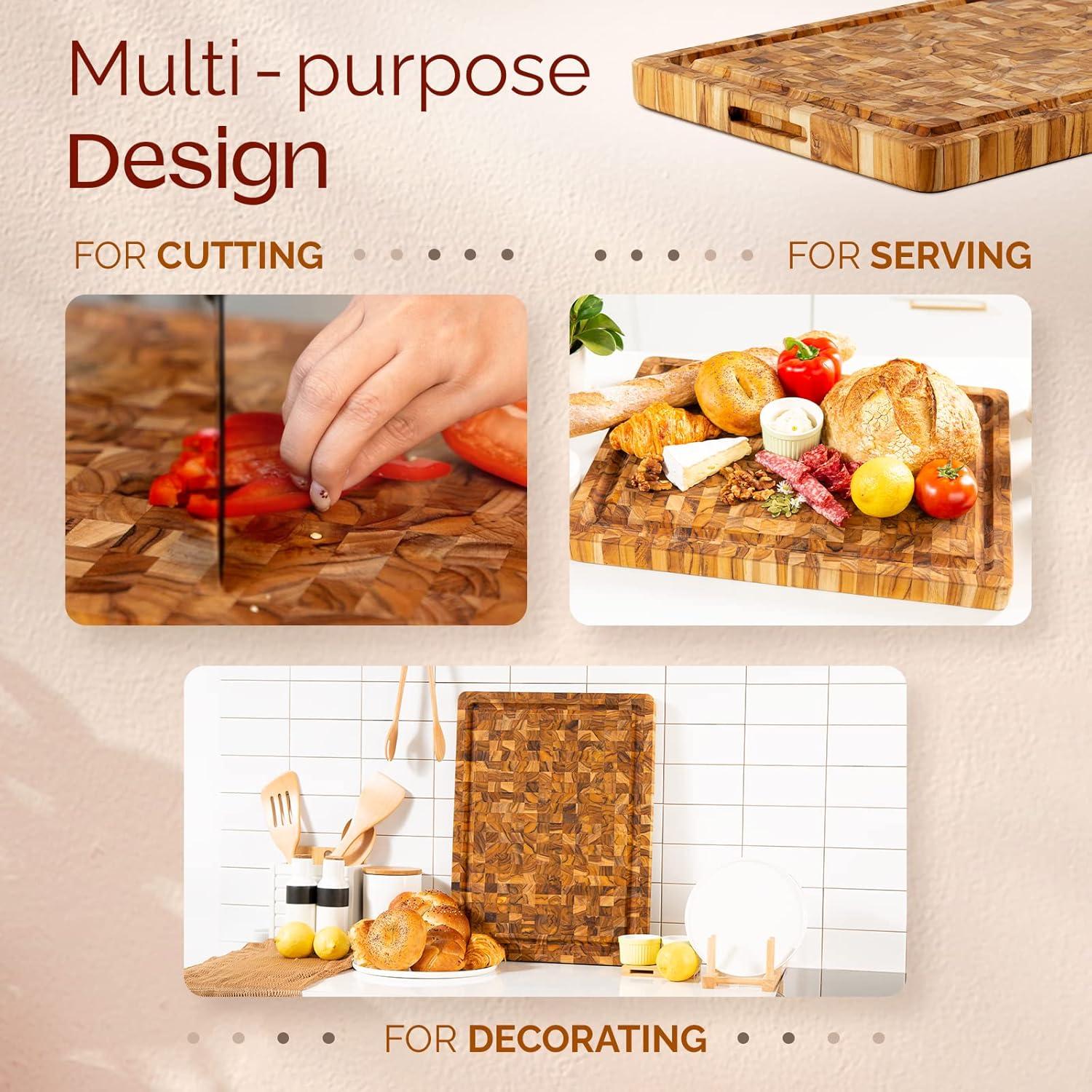 Yes4All Durable Teak Cutting Boards for Kitchen, [17L x 13W x 1.5 Thick] Medium End Grain Cutting Board, Pre Oiled Wood Cutting Boards, Thick Chopping Board w/Juice Grooves and Easy Grip Handle