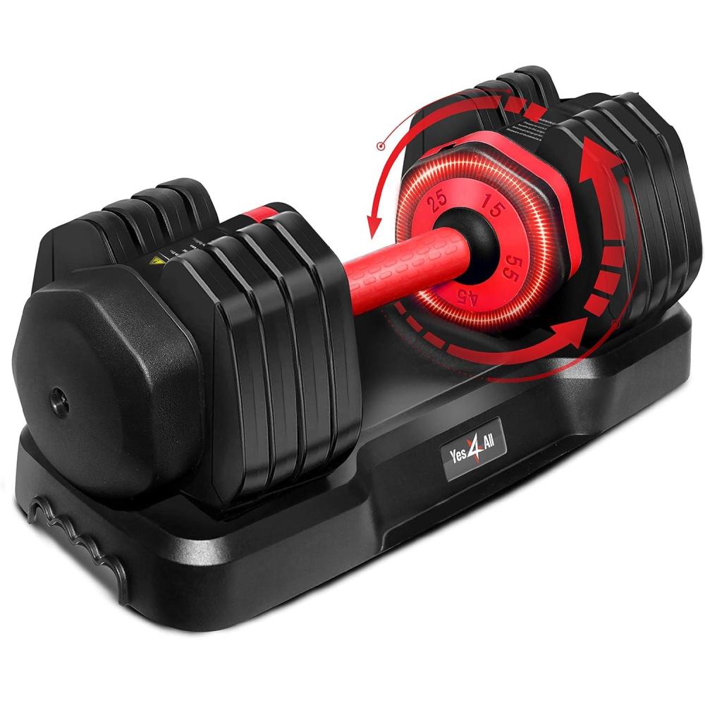Yes4All 25/55LB Adjustable Dumbbells Pair/Single, 5-in-1 Dumbbells Adjustable Weights with Anti-Slip Handle & Sturdy Prolocks(55LBS – Single – Red Grip)