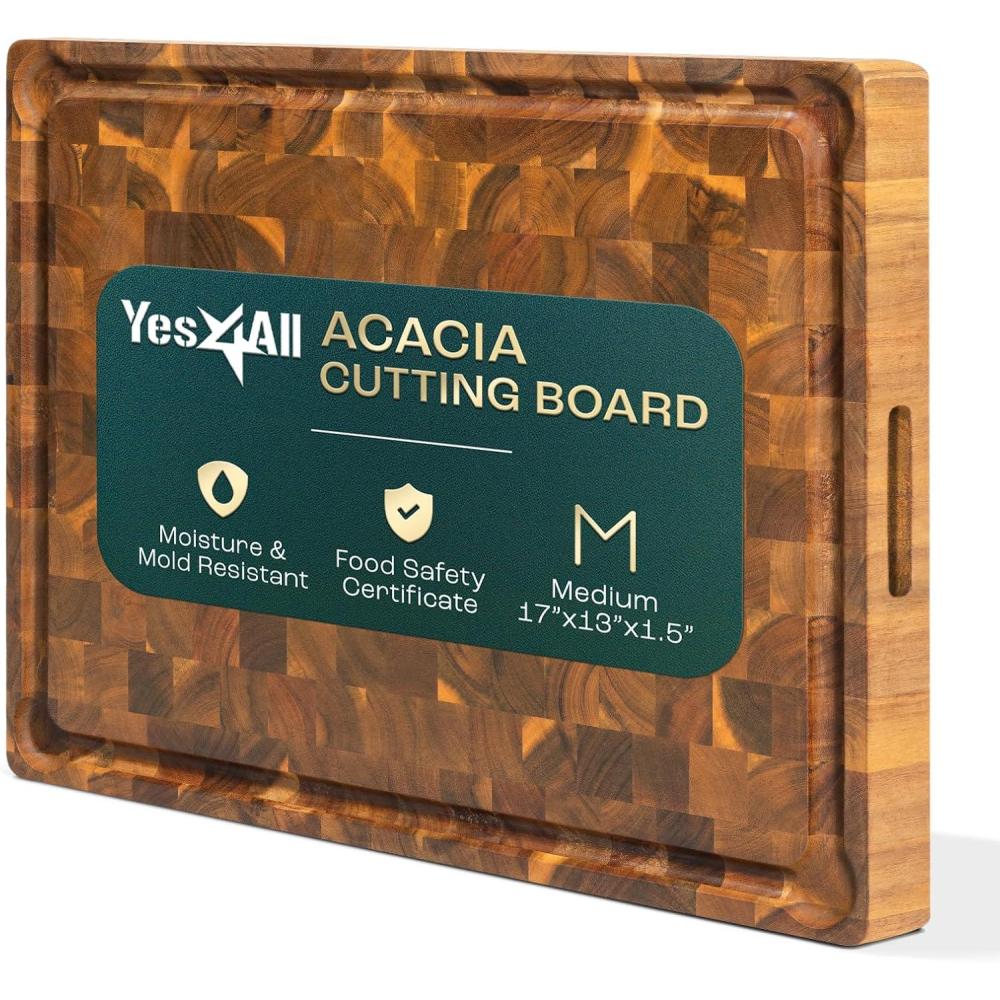 Yes4All Durable Teak Cutting Boards for Kitchen, [20L x 15W x 1.5 Thick] Large End Grain Cutting Board, Pre Oiled Wood Cutting Boards, Thick Chopping Board w/Juice Grooves and Easy Grip Handle(Acacia)
