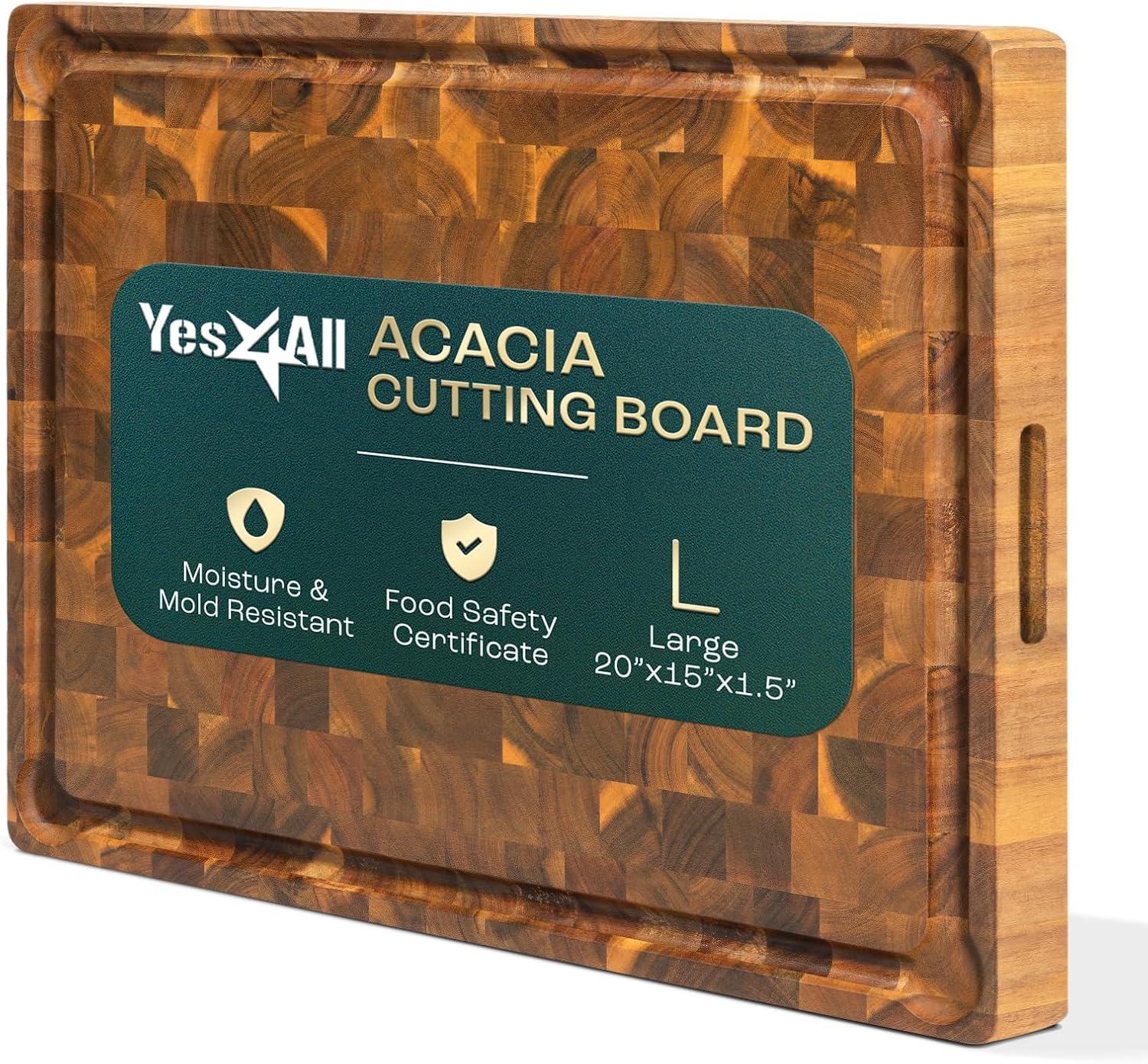 Yes4All Durable Teak Cutting Boards for Kitchen, [20L x 15W x 1.5 Thick] Large End Grain Cutting Board, Pre Oiled Wood Cutting Boards, Thick Chopping Board w/Juice Grooves and Easy Grip Handle(Acacia)