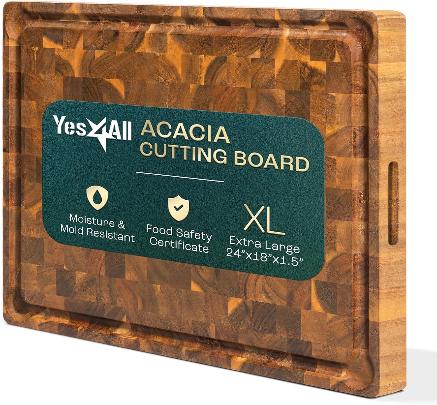 Yes4All Durable Teak Cutting Boards for Kitchen, [20L x 15W x 1.5 Thick] Large End Grain Cutting Board, Pre Oiled Wood Cutting Boards, Thick Chopping Board w/Juice Grooves and Easy Grip Handle(Acacia)