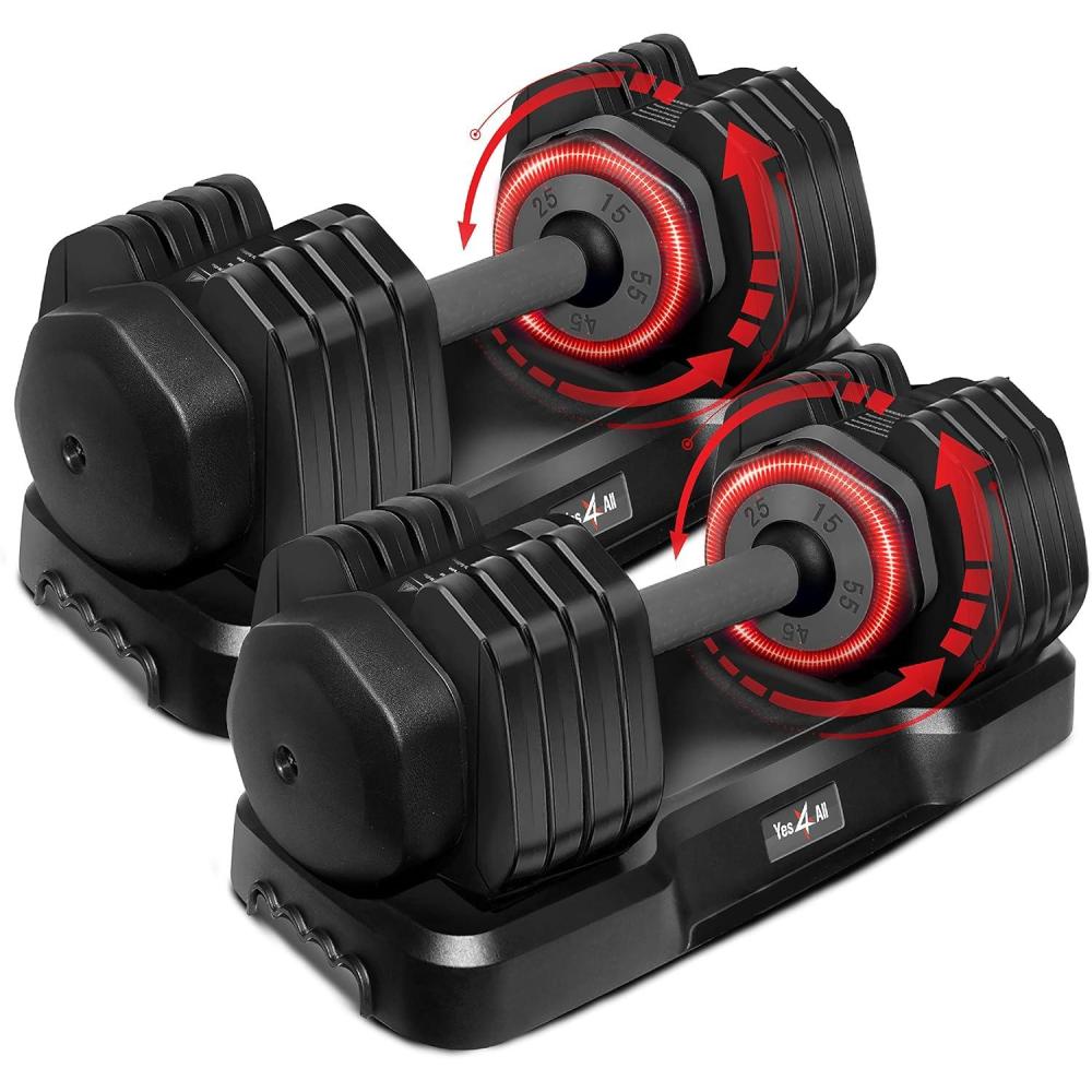Yes4All 25/55LB Adjustable Dumbbells Pair/Single, 5-in-1 Dumbbells Adjustable Weights with Anti-Slip Handle & Sturdy Prolocks(55LBS – Pair – Grey Grip)