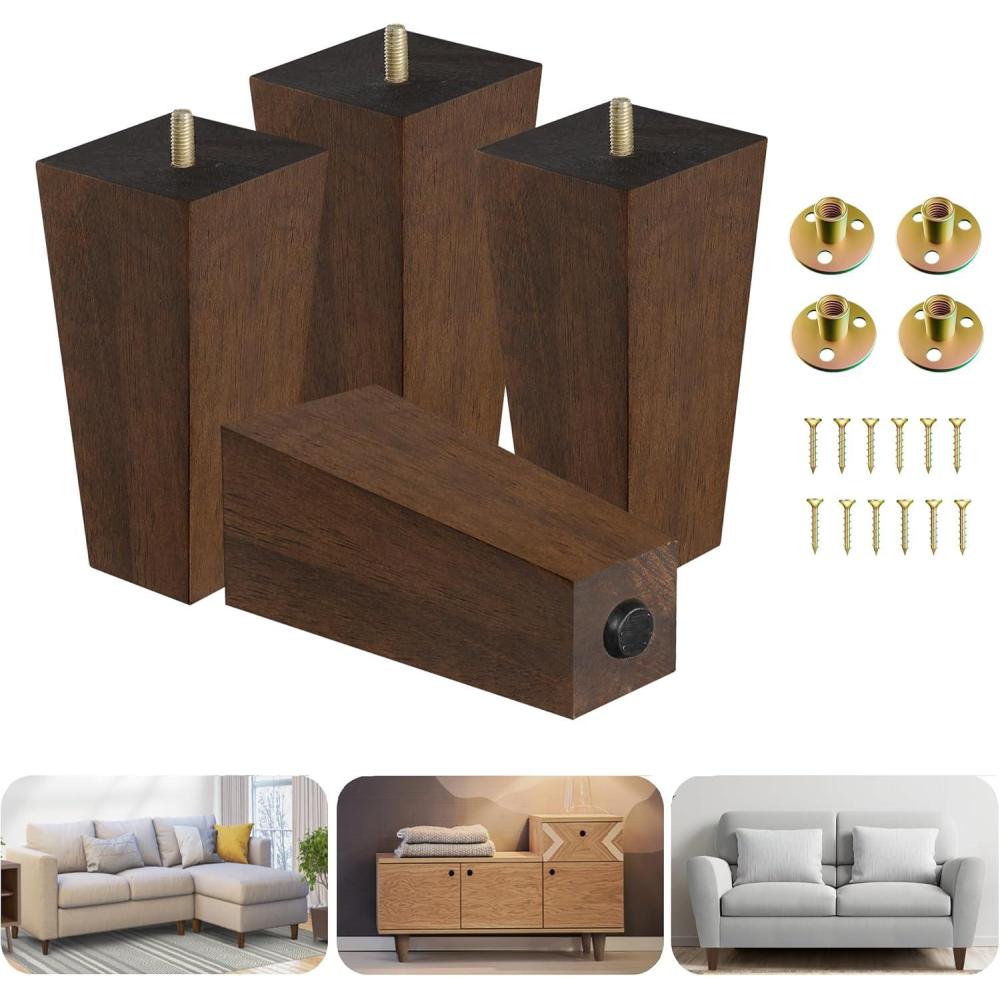 Yes4All 6 Inches Square Wood Furniture Legs Set of 4 – Wooden Replacement Feet for Couch, Bed, Bench – Adjustable Sofa, Ottomans Tapered Leg with Leveler – Brown Rubber Wood Parts for Table, Chair(Square Wood Leg)
