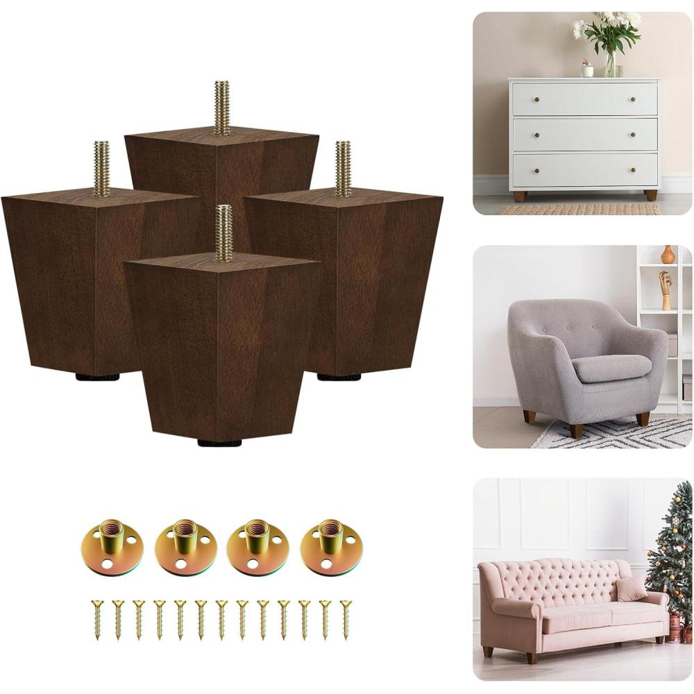Yes4All 6 Inches Square Wood Furniture Legs Set of 4 – Wooden Replacement Feet for Couch, Bed, Bench – Adjustable Sofa, Ottomans Tapered Leg with Leveler – Brown Rubber Wood Parts for Table, Chair(Square Brown)