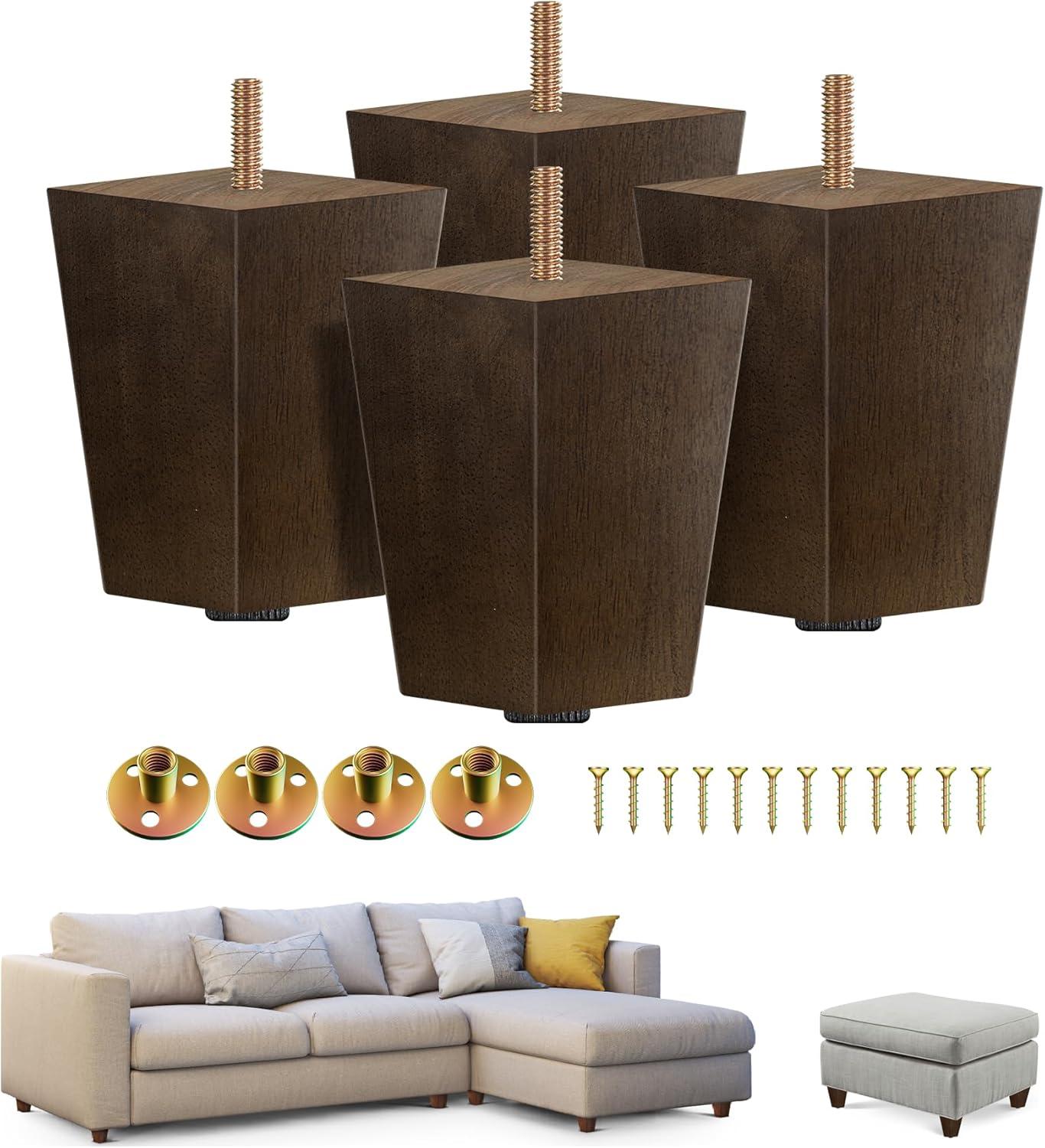 Yes4All 6 Inches Square Wood Furniture Legs Set of 4 – Wooden Replacement Feet for Couch, Bed, Bench – Adjustable Sofa, Ottomans Tapered Leg with Leveler – Brown Rubber Wood Parts for Table, Chair(Square Brown)