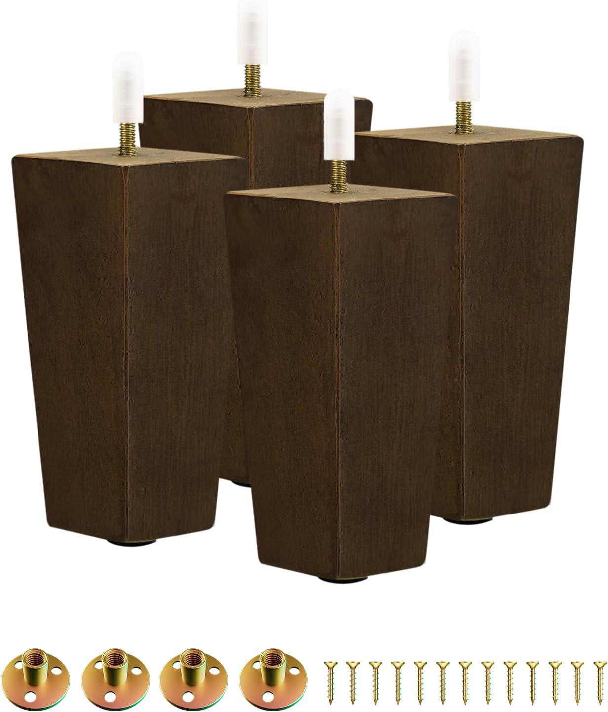 Yes4All 6 Inches Square Wood Furniture Legs Set of 4 – Wooden Replacement Feet for Couch, Bed, Bench – Adjustable Sofa, Ottomans Tapered Leg with Leveler – Brown Rubber Wood Parts for Table, Chair(Square Brown)