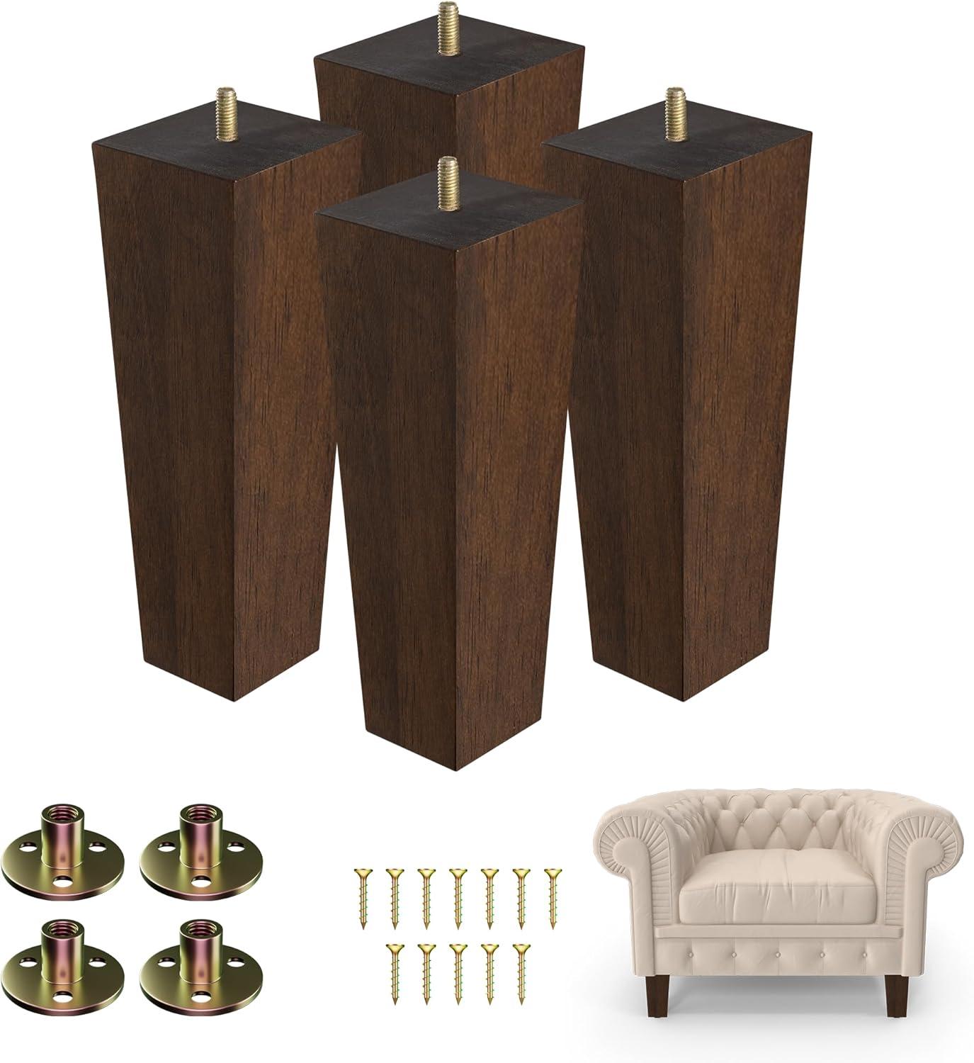 Yes4All 6 Inches Square Wood Furniture Legs Set of 4 – Wooden Replacement Feet for Couch, Bed, Bench – Adjustable Sofa, Ottomans Tapered Leg with Leveler – Brown Rubber Wood Parts for Table, Chair(Square Brown)