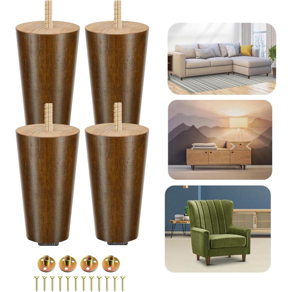 Yes4All 6 Inches Square Wood Furniture Legs Set of 4 – Wooden Replacement Feet for Couch, Bed, Bench – Adjustable Sofa, Ottomans Tapered Leg with Leveler – Brown Rubber Wood Parts for Table, Chair(Round Brown)