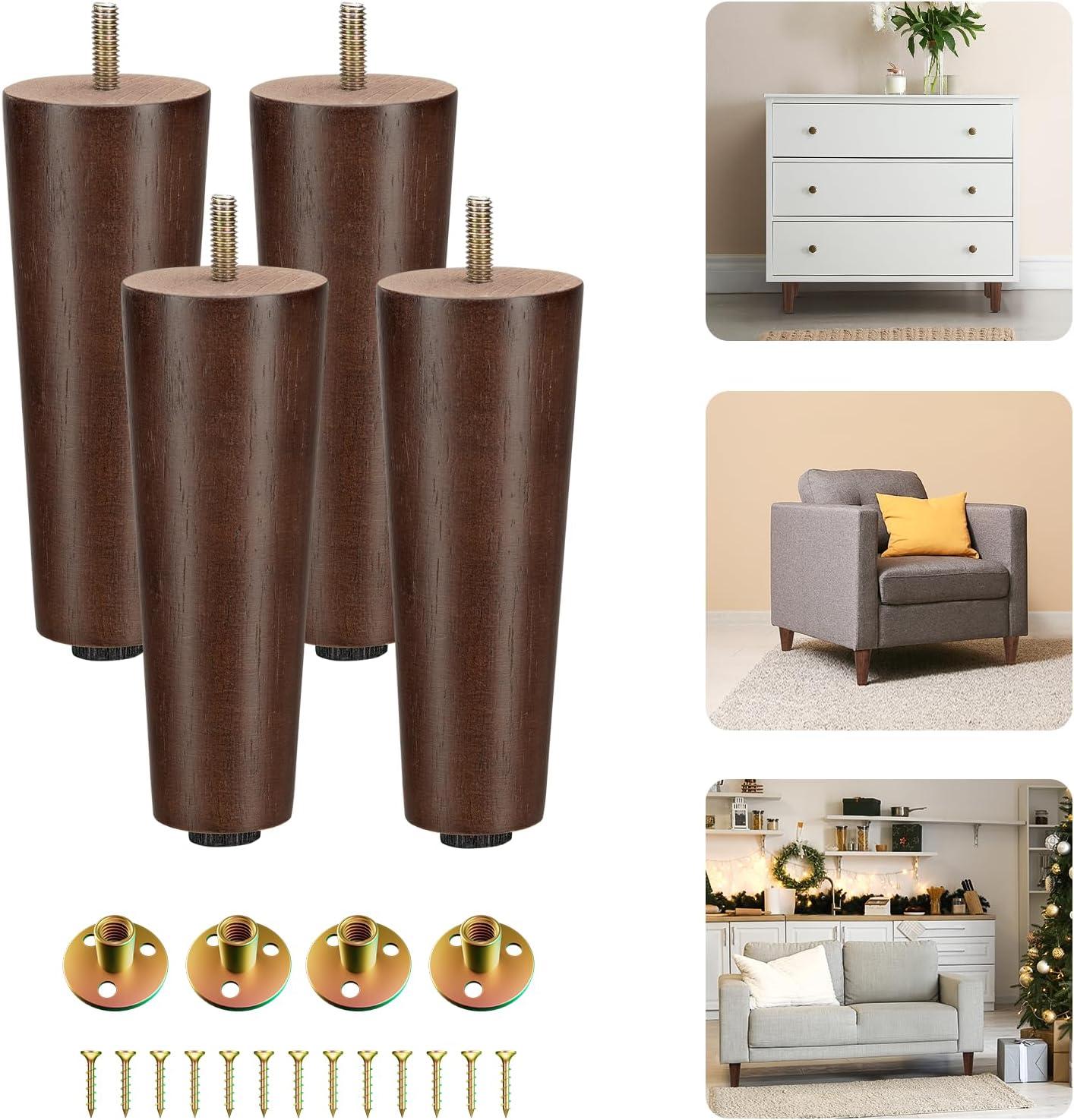 Yes4All 6 Inches Square Wood Furniture Legs Set of 4 – Wooden Replacement Feet for Couch, Bed, Bench – Adjustable Sofa, Ottomans Tapered Leg with Leveler – Brown Rubber Wood Parts for Table, Chair(Round Brown)