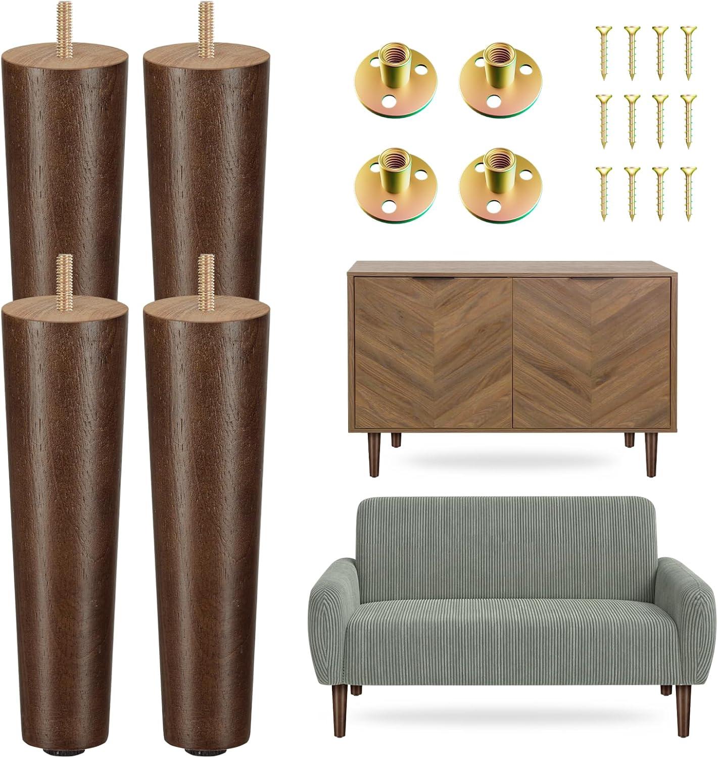 Yes4All 6 Inches Square Wood Furniture Legs Set of 4 – Wooden Replacement Feet for Couch, Bed, Bench – Adjustable Sofa, Ottomans Tapered Leg with Leveler – Brown Rubber Wood Parts for Table, Chair(Round Brown)