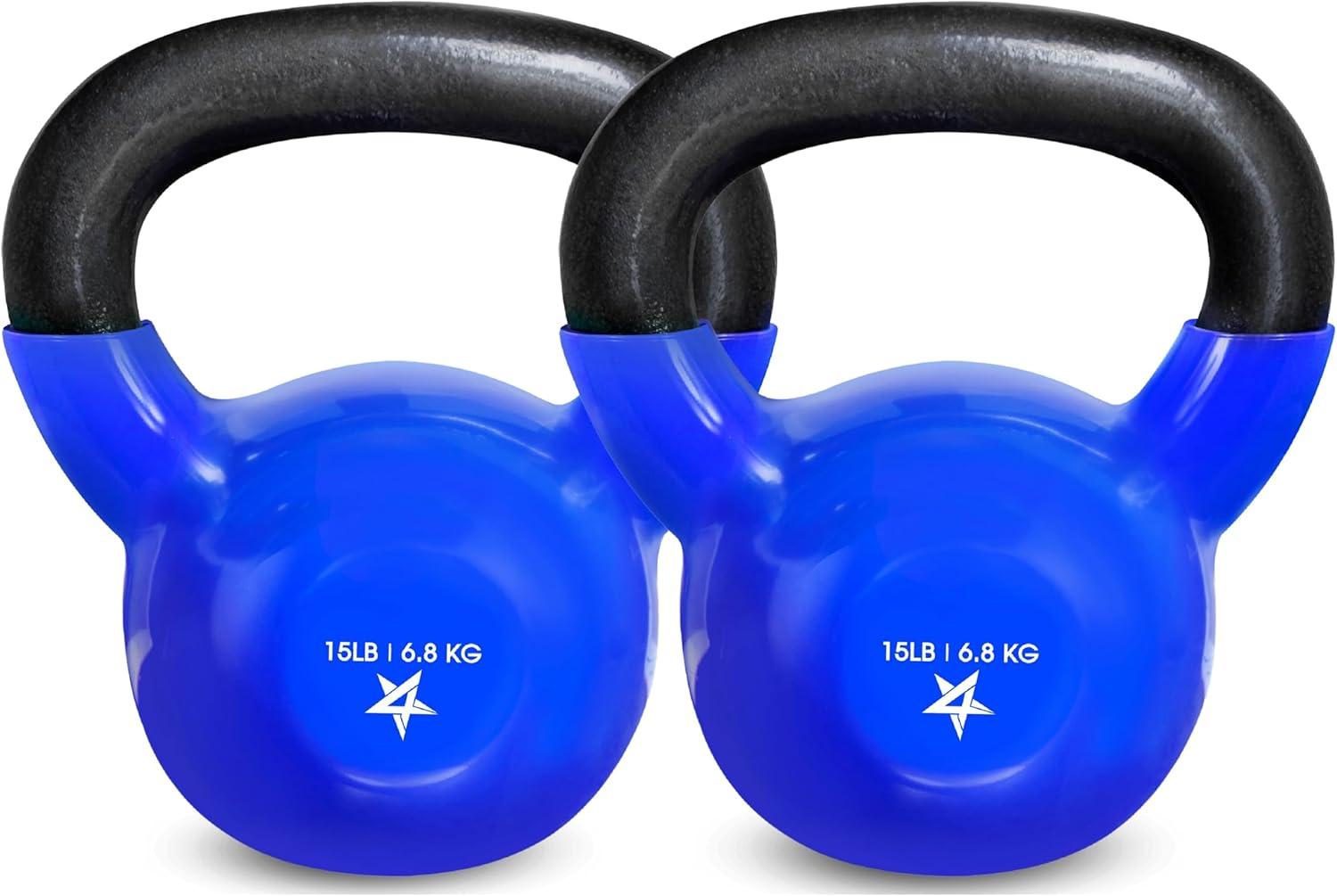 Yes4All Kettlebell, 5-100 LB Vinyl Coated Cast Iron Strength Training Kettlebells for Home Gym Exercises, Fitness, Full Body Workout Equipment, Push Ups, and Grip Strength(C. 15LB – Dark Blue)