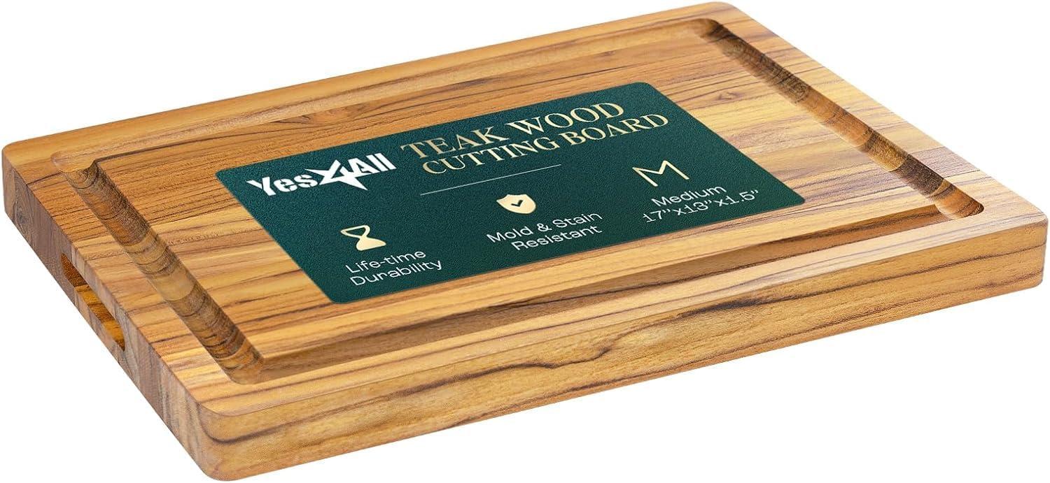 Yes4All Durable Teak Cutting Boards for Kitchen, [20L x 15W x 1.5 Thick] Large End Grain Cutting Board, Pre Oiled Wood Cutting Boards, Thick Chopping Board w/Juice Grooves and Easy Grip Handle(Teak)