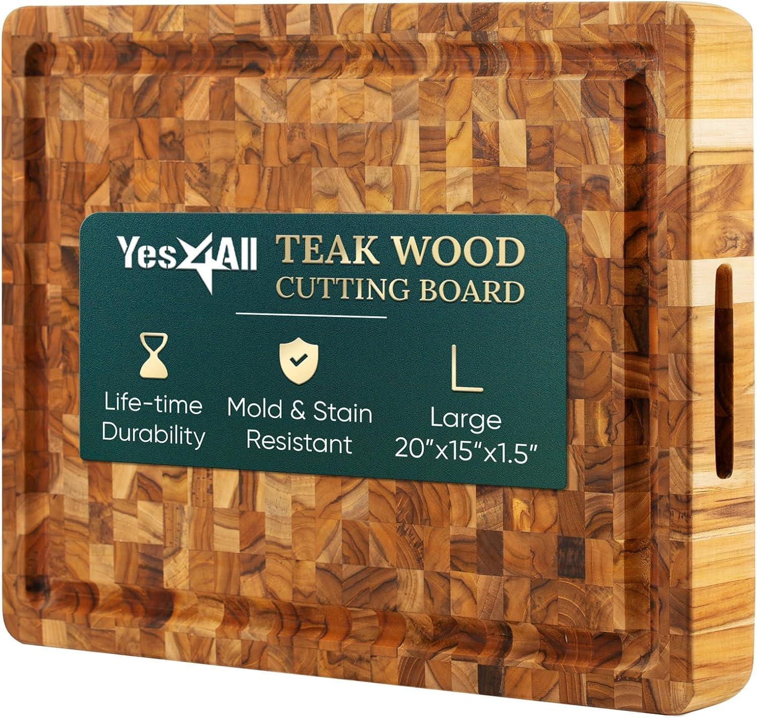 Yes4All Durable Teak Cutting Boards for Kitchen, [20L x 15W x 1.5 Thick] Large End Grain Cutting Board, Pre Oiled Wood Cutting Boards, Thick Chopping Board w/Juice Grooves and Easy Grip Handle(Teak)