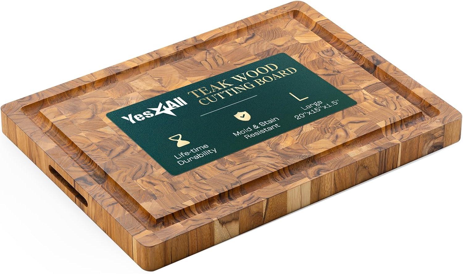 Yes4All Durable Teak Cutting Boards for Kitchen, [20L x 15W x 1.5 Thick] Large End Grain Cutting Board, Pre Oiled Wood Cutting Boards, Thick Chopping Board w/Juice Grooves and Easy Grip Handle(Teak)