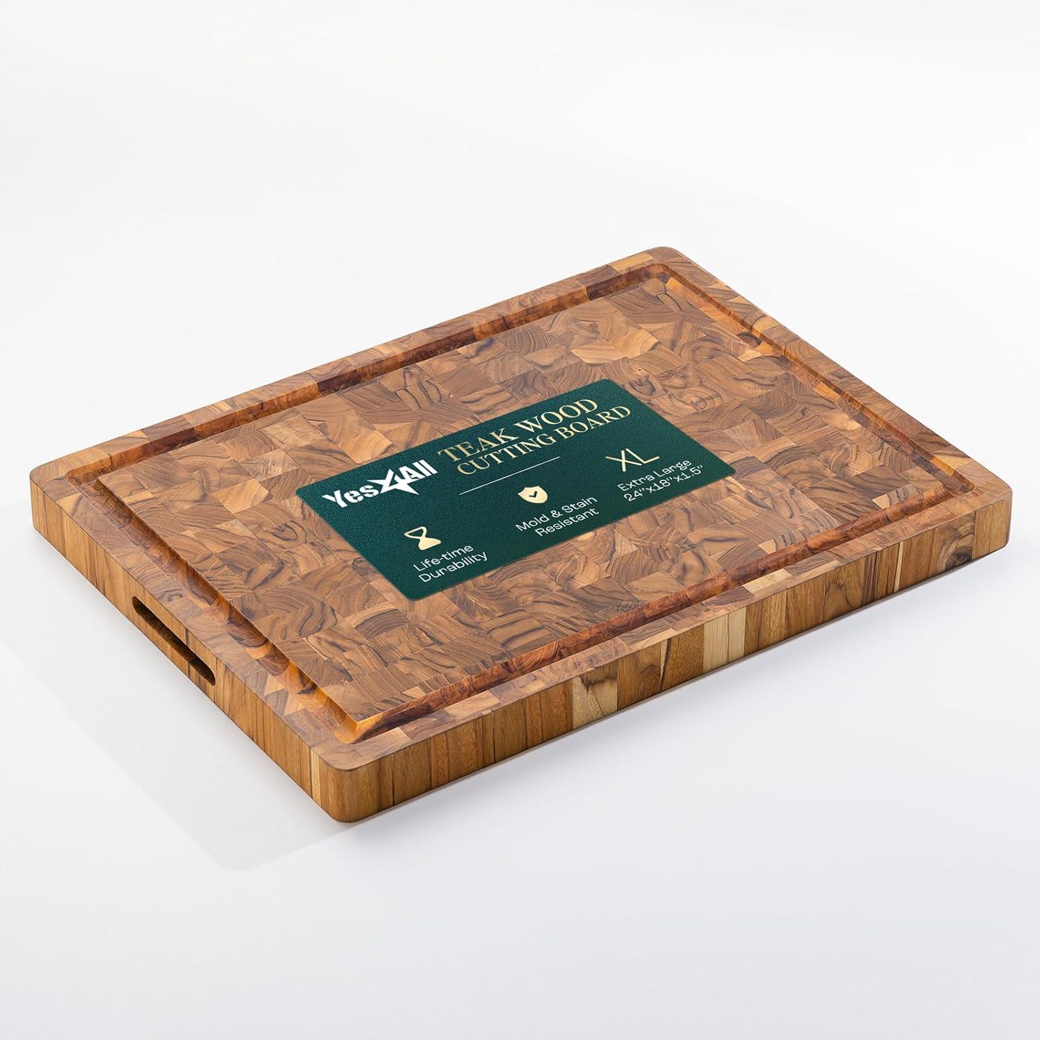 Yes4All Durable Teak Cutting Boards for Kitchen, [20L x 15W x 1.5 Thick] Large End Grain Cutting Board, Pre Oiled Wood Cutting Boards, Thick Chopping Board w/Juice Grooves and Easy Grip Handle(Teak)