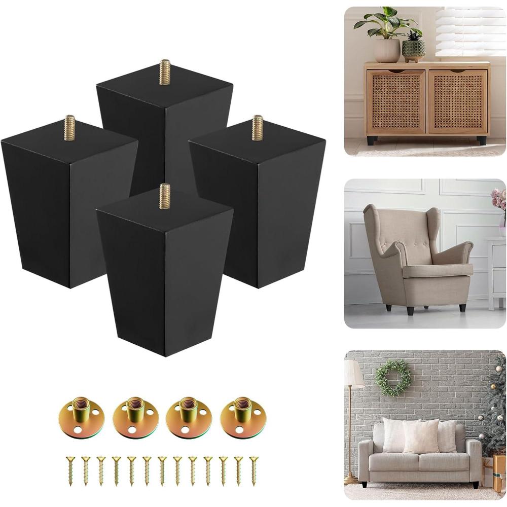 Yes4All 6 Inches Square Wood Furniture Legs Set of 4 – Wooden Replacement Feet for Couch, Bed, Bench – Adjustable Sofa, Ottomans Tapered Leg with Leveler – Brown Rubber Wood Parts for Table, Chair(Square Black)