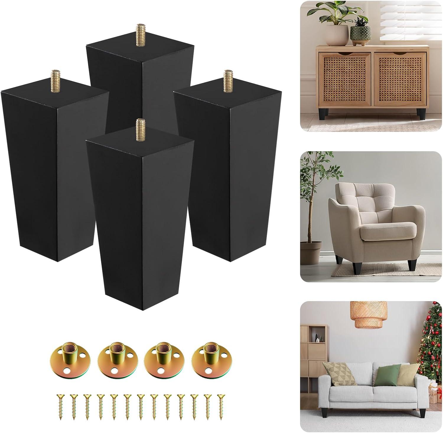 Yes4All 6 Inches Square Wood Furniture Legs Set of 4 – Wooden Replacement Feet for Couch, Bed, Bench – Adjustable Sofa, Ottomans Tapered Leg with Leveler – Brown Rubber Wood Parts for Table, Chair(Square Black)