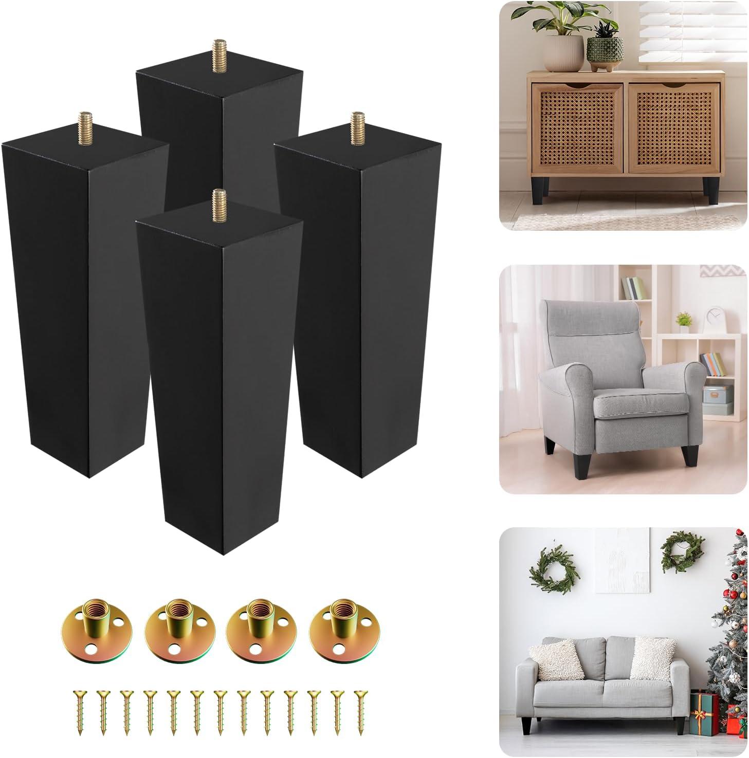 Yes4All 6 Inches Square Wood Furniture Legs Set of 4 – Wooden Replacement Feet for Couch, Bed, Bench – Adjustable Sofa, Ottomans Tapered Leg with Leveler – Brown Rubber Wood Parts for Table, Chair(Square Black)