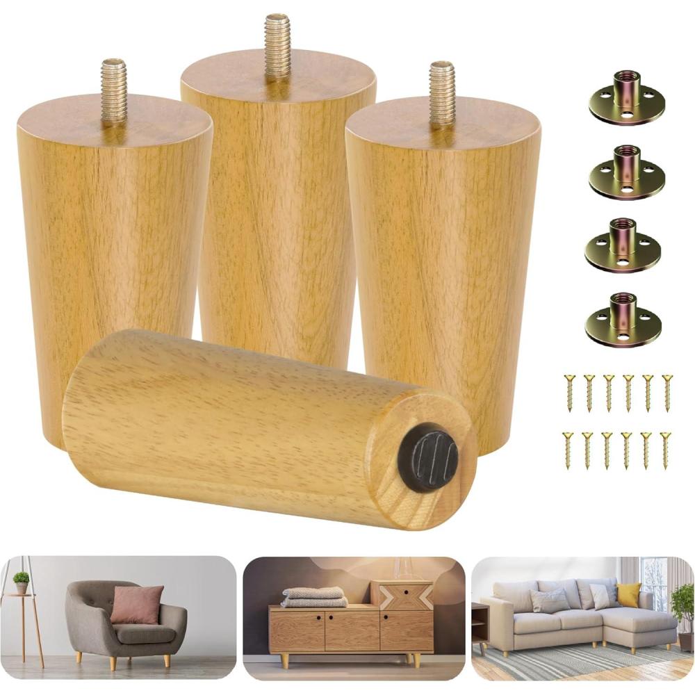 Yes4All 6 Inches Square Wood Furniture Legs Set of 4 – Wooden Replacement Feet for Couch, Bed, Bench – Adjustable Sofa, Ottomans Tapered Leg with Leveler – Brown Rubber Wood Parts for Table, Chair(Round Natural)