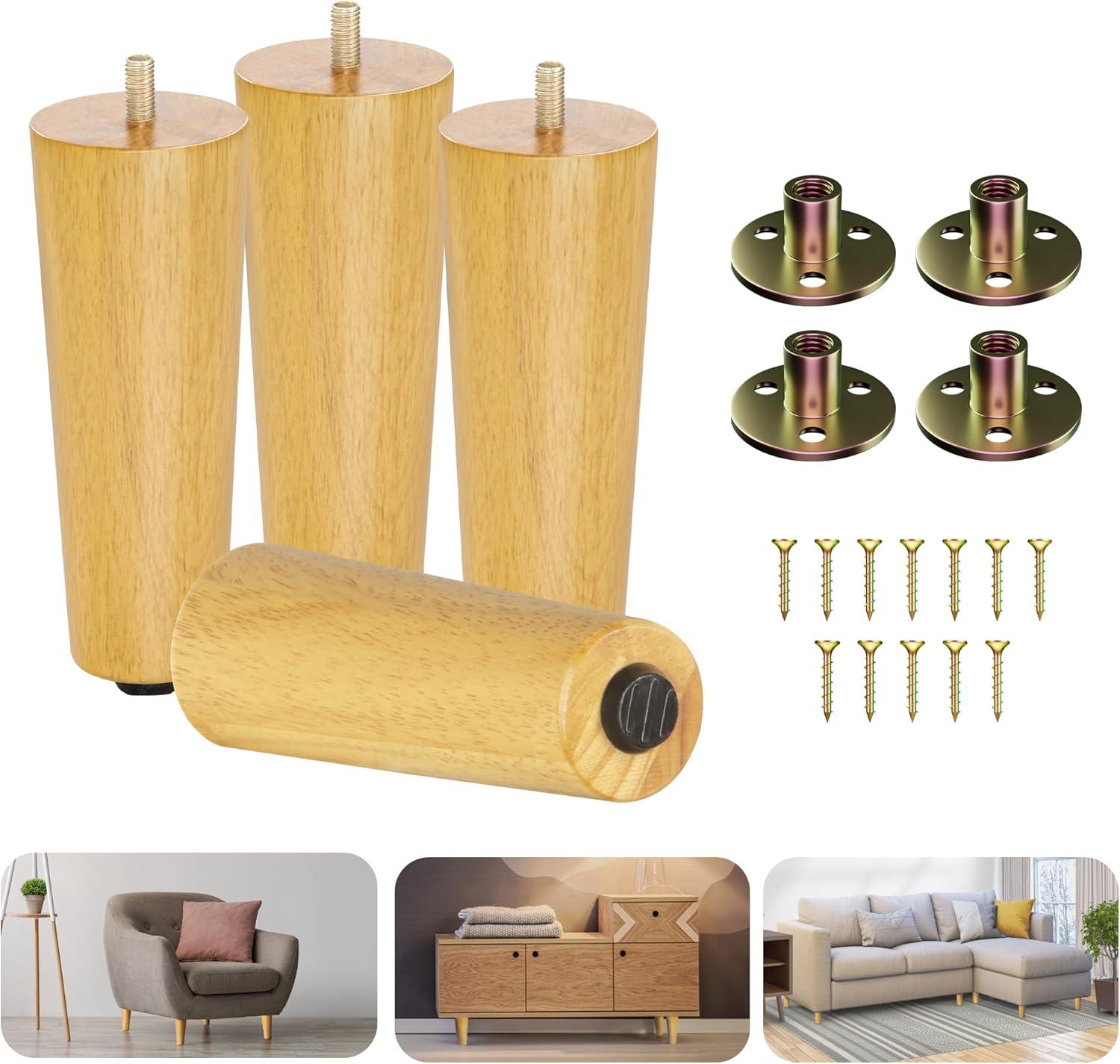 Yes4All 6 Inches Square Wood Furniture Legs Set of 4 – Wooden Replacement Feet for Couch, Bed, Bench – Adjustable Sofa, Ottomans Tapered Leg with Leveler – Brown Rubber Wood Parts for Table, Chair(Round Natural)