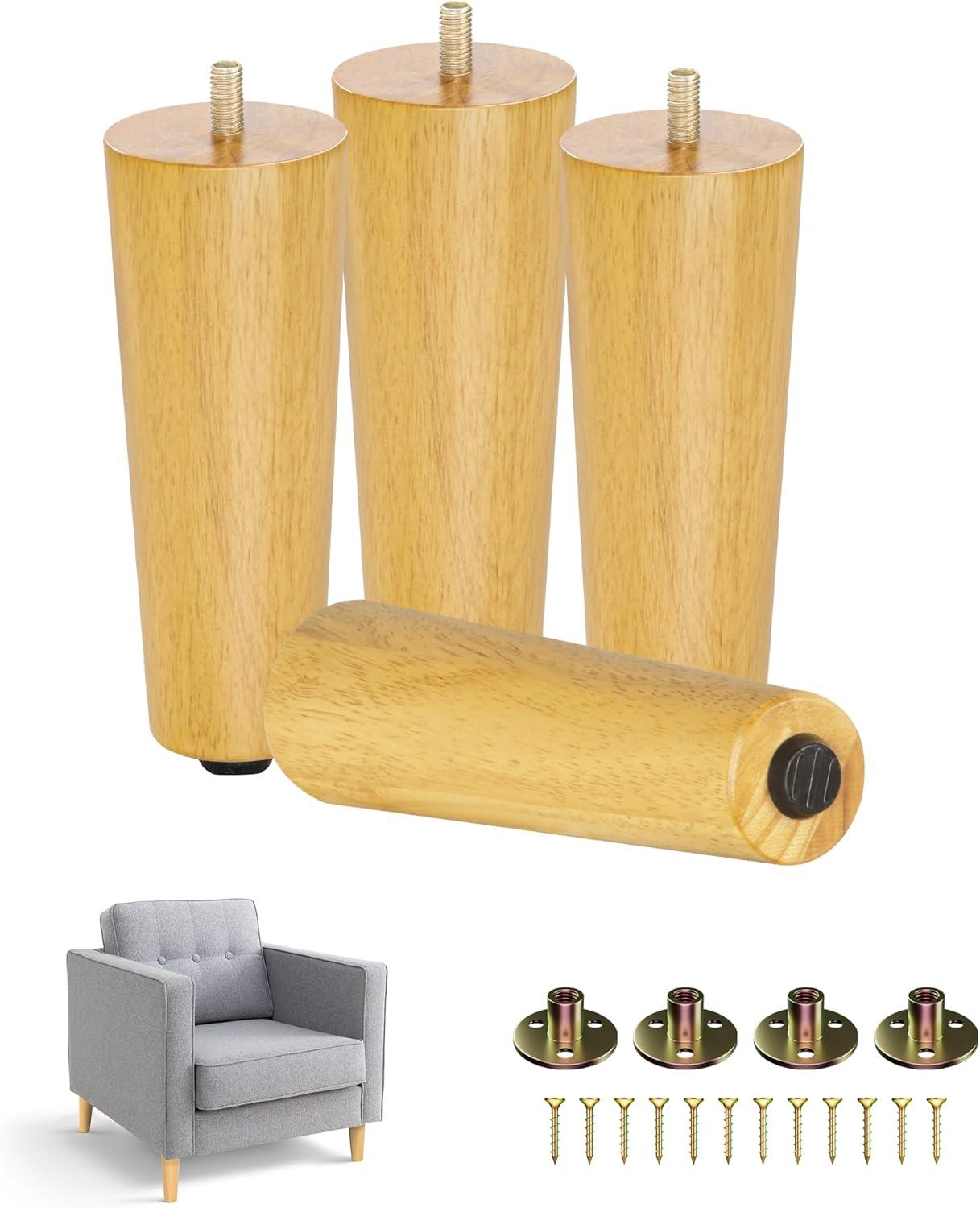 Yes4All 6 Inches Square Wood Furniture Legs Set of 4 – Wooden Replacement Feet for Couch, Bed, Bench – Adjustable Sofa, Ottomans Tapered Leg with Leveler – Brown Rubber Wood Parts for Table, Chair(Round Natural)