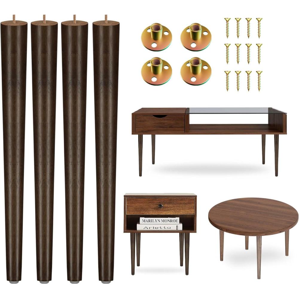 Yes4All 6 Inches Square Wood Furniture Legs Set of 4 – Wooden Replacement Feet for Couch, Bed, Bench – Adjustable Sofa, Ottomans Tapered Leg with Leveler – Brown Rubber Wood Parts for Table, Chair(Round Wood)