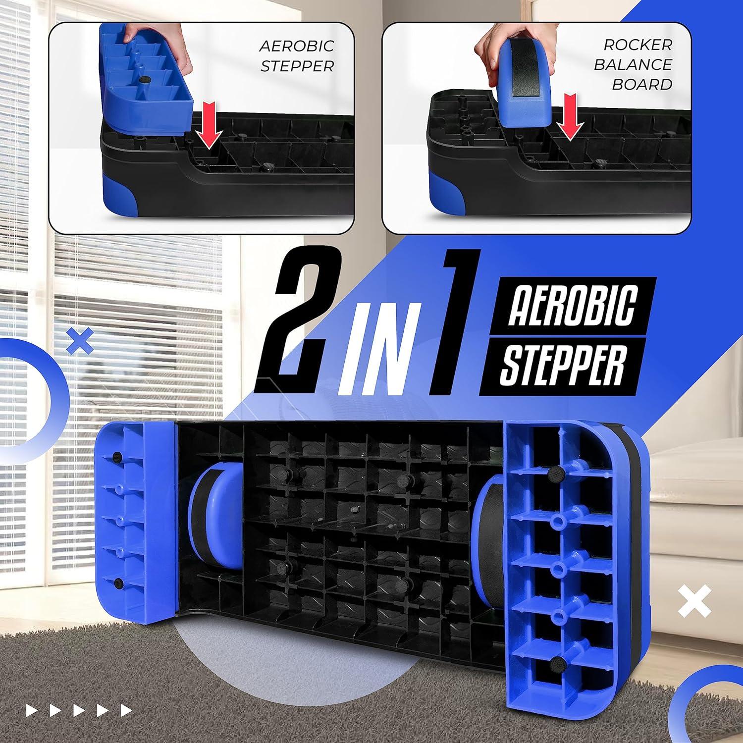 Yes4All 2-in-1 Adjustable Aerobic Step Platform Fitness Exercise Stepper with Rocker Balance Board Legs for Home Workout, Step Exercise & Balance Training(B. Dark Blue)