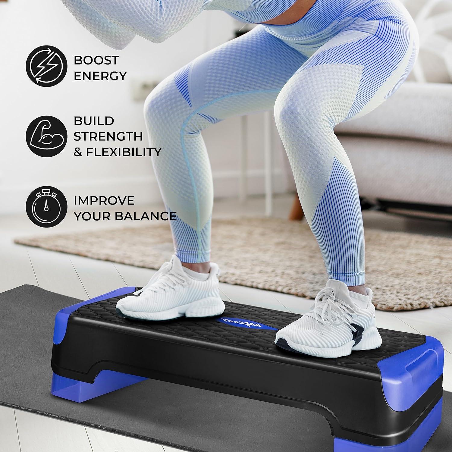 Yes4All 2-in-1 Adjustable Aerobic Step Platform Fitness Exercise Stepper with Rocker Balance Board Legs for Home Workout, Step Exercise & Balance Training(B. Dark Blue)
