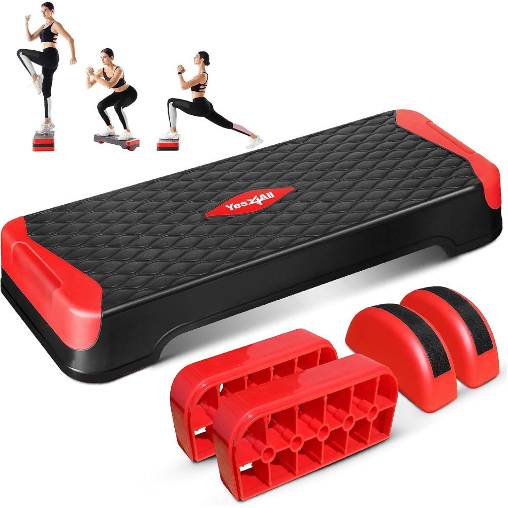 Yes4All 2-in-1 Adjustable Aerobic Step Platform Fitness Exercise Stepper with Rocker Balance Board Legs for Home Workout, Step Exercise & Balance Training(C. Red)