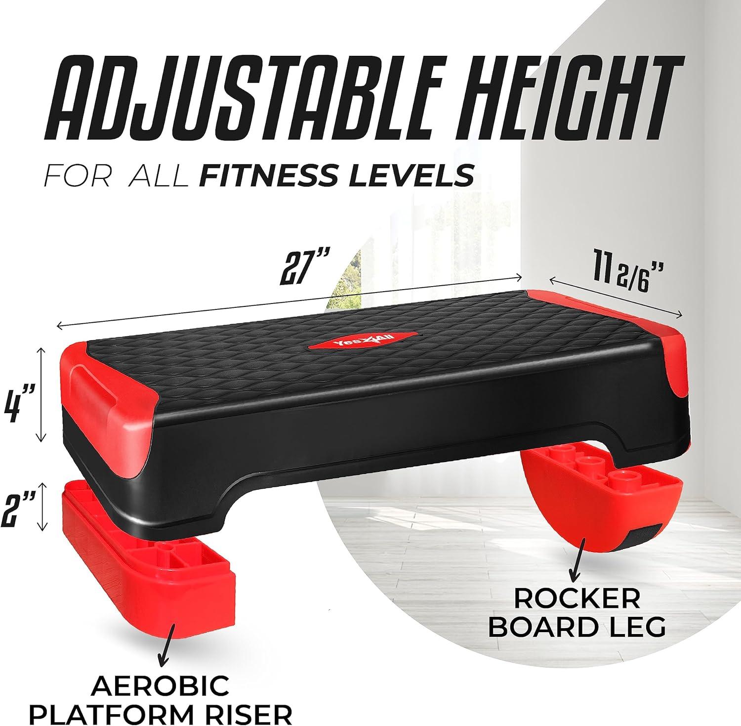 Yes4All 2-in-1 Adjustable Aerobic Step Platform Fitness Exercise Stepper with Rocker Balance Board Legs for Home Workout, Step Exercise & Balance Training(C. Red)