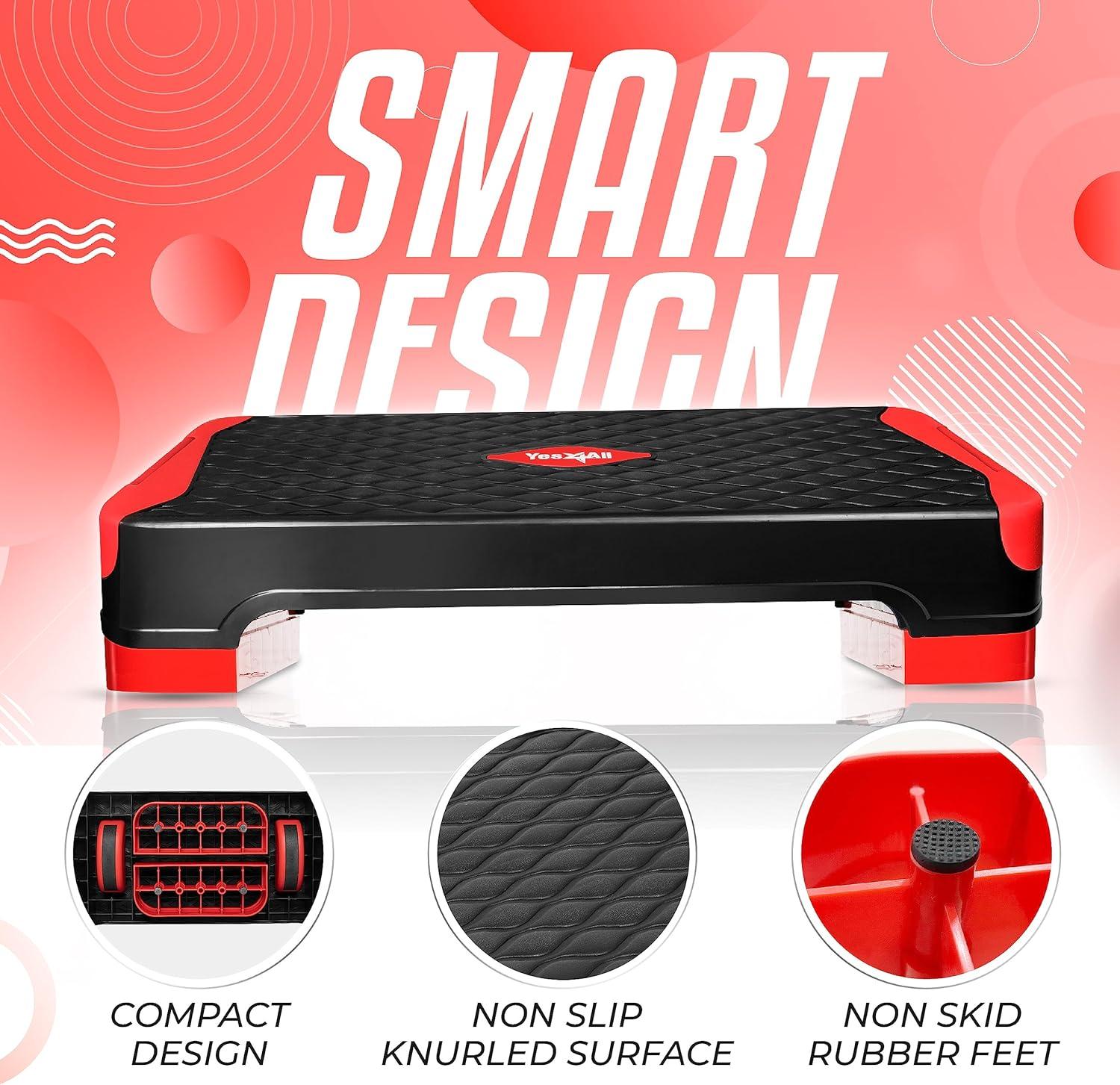 Yes4All 2-in-1 Adjustable Aerobic Step Platform Fitness Exercise Stepper with Rocker Balance Board Legs for Home Workout, Step Exercise & Balance Training(C. Red)